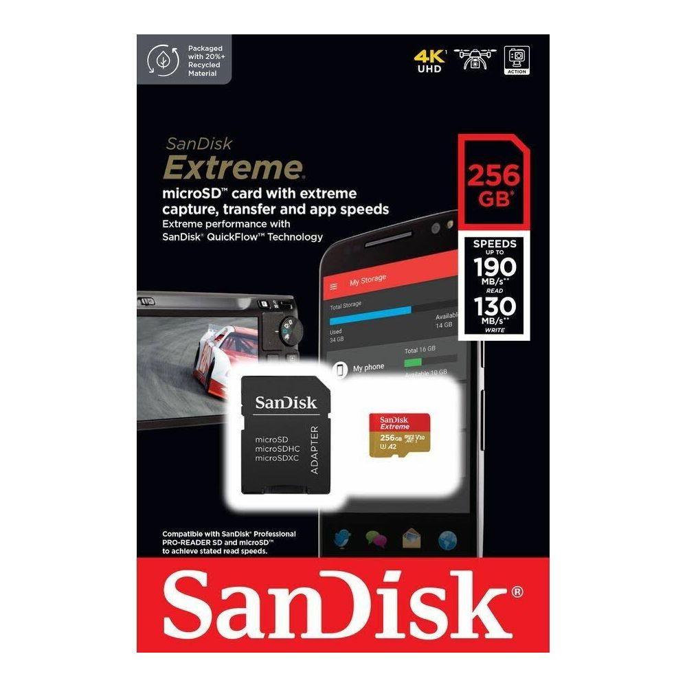 Scheda microSDXC SanDisk Extreme da 256 GB con adattatore, 4K UHD e info velocità.
