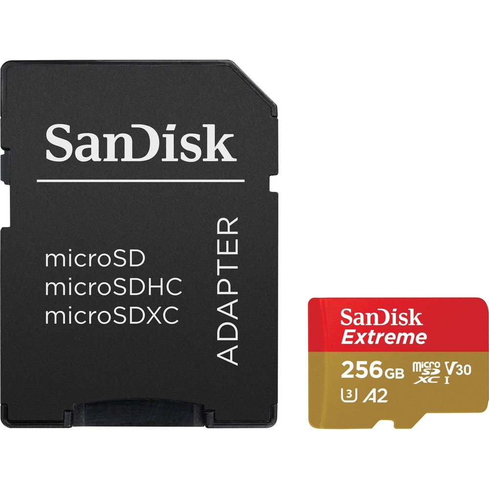 Adattatore SanDisk accanto a una scheda SanDisk Extreme microSDXC da 256 GB rossa e oro.