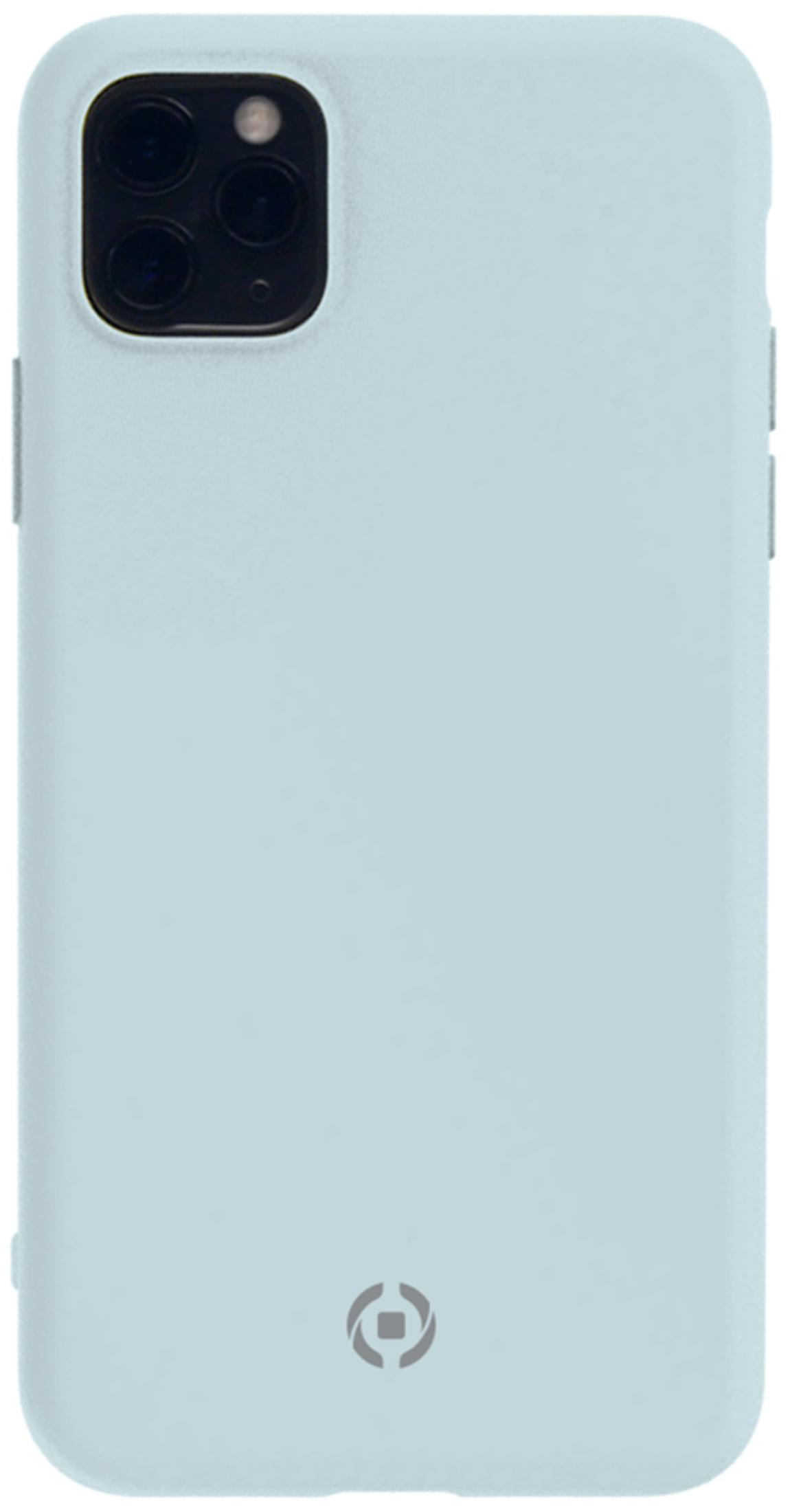 Custodia azzurra per telefono con modulo fotocamera ed emblema.