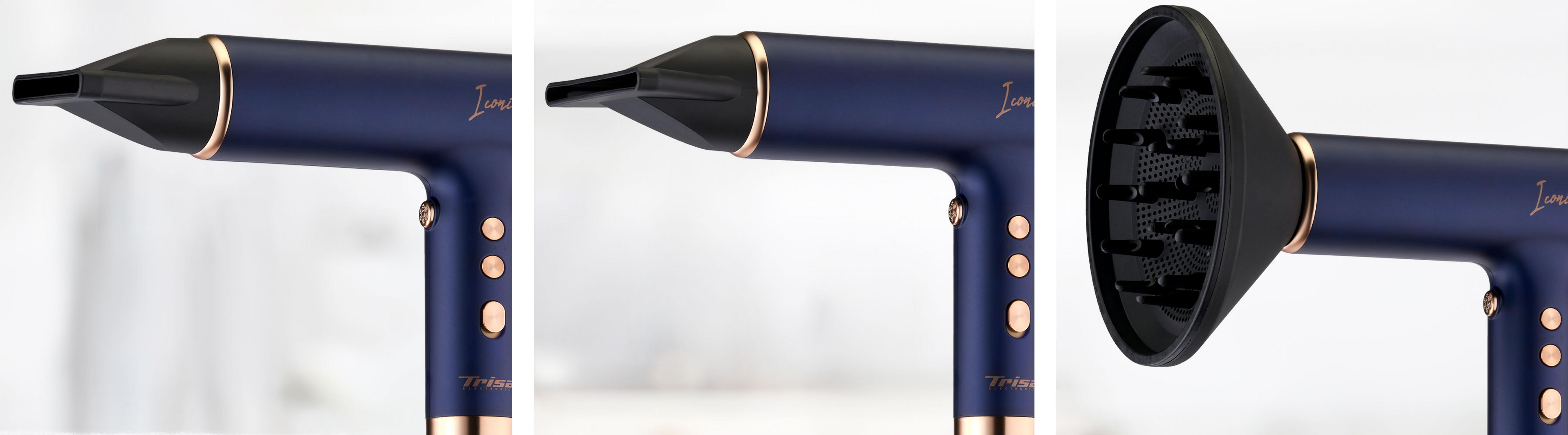 Sèche-cheveux bleu foncé avec accents or rose et accessoires.