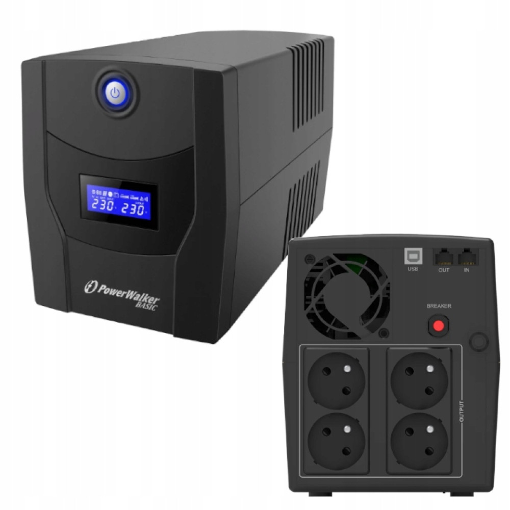 Czarny zasilacz awaryjny z niebieskim ekranem LCD i czterema gniazdami z tyłu.