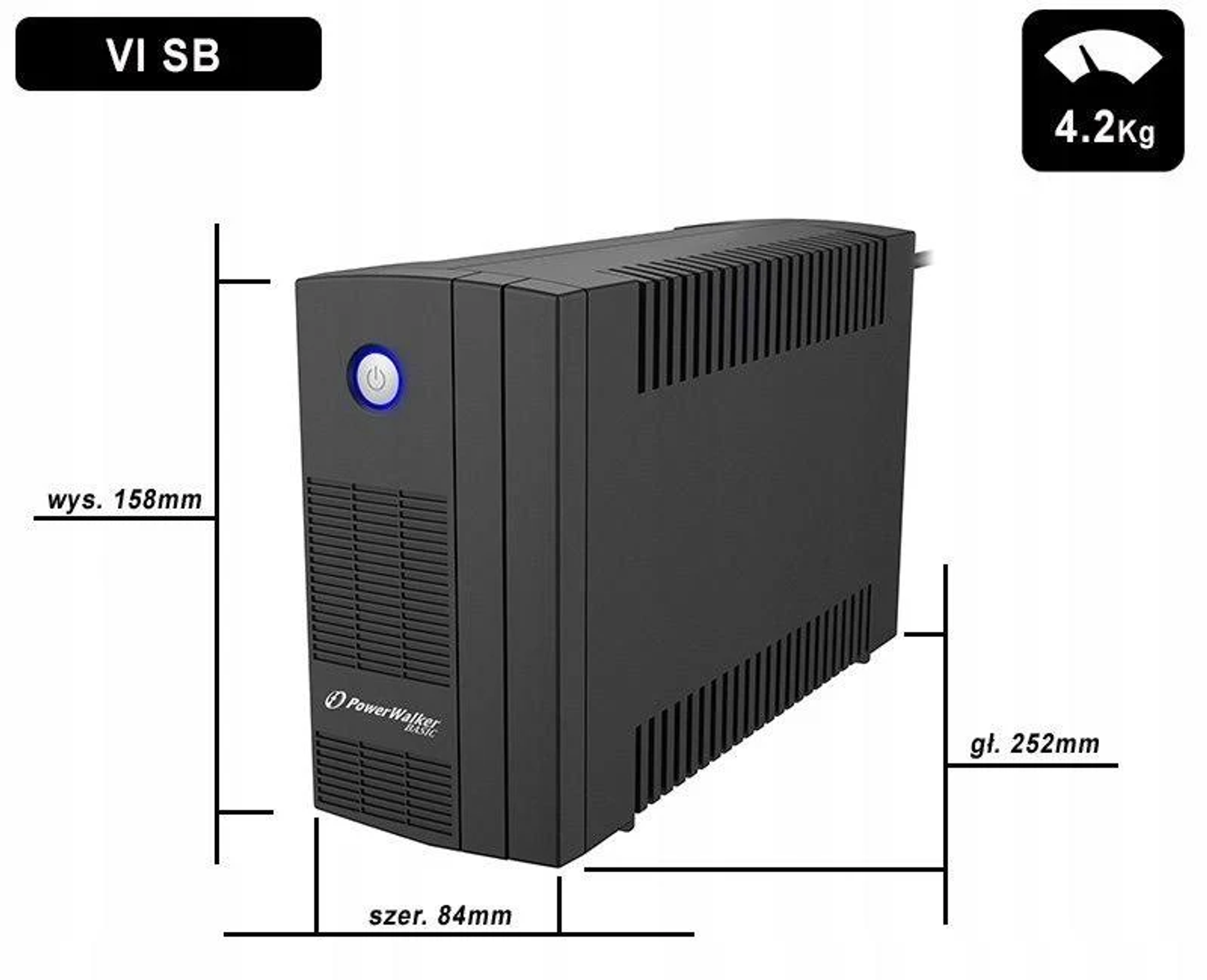 Czarny zasilacz UPS z wymiarami i wagą.