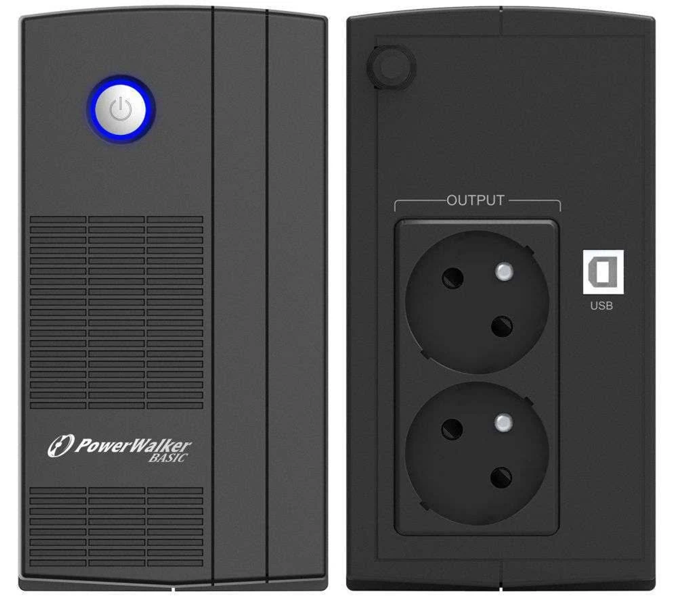 Czarny zasilacz z niebieskim podświetlanym przyciskiem zasilania i gniazdami.