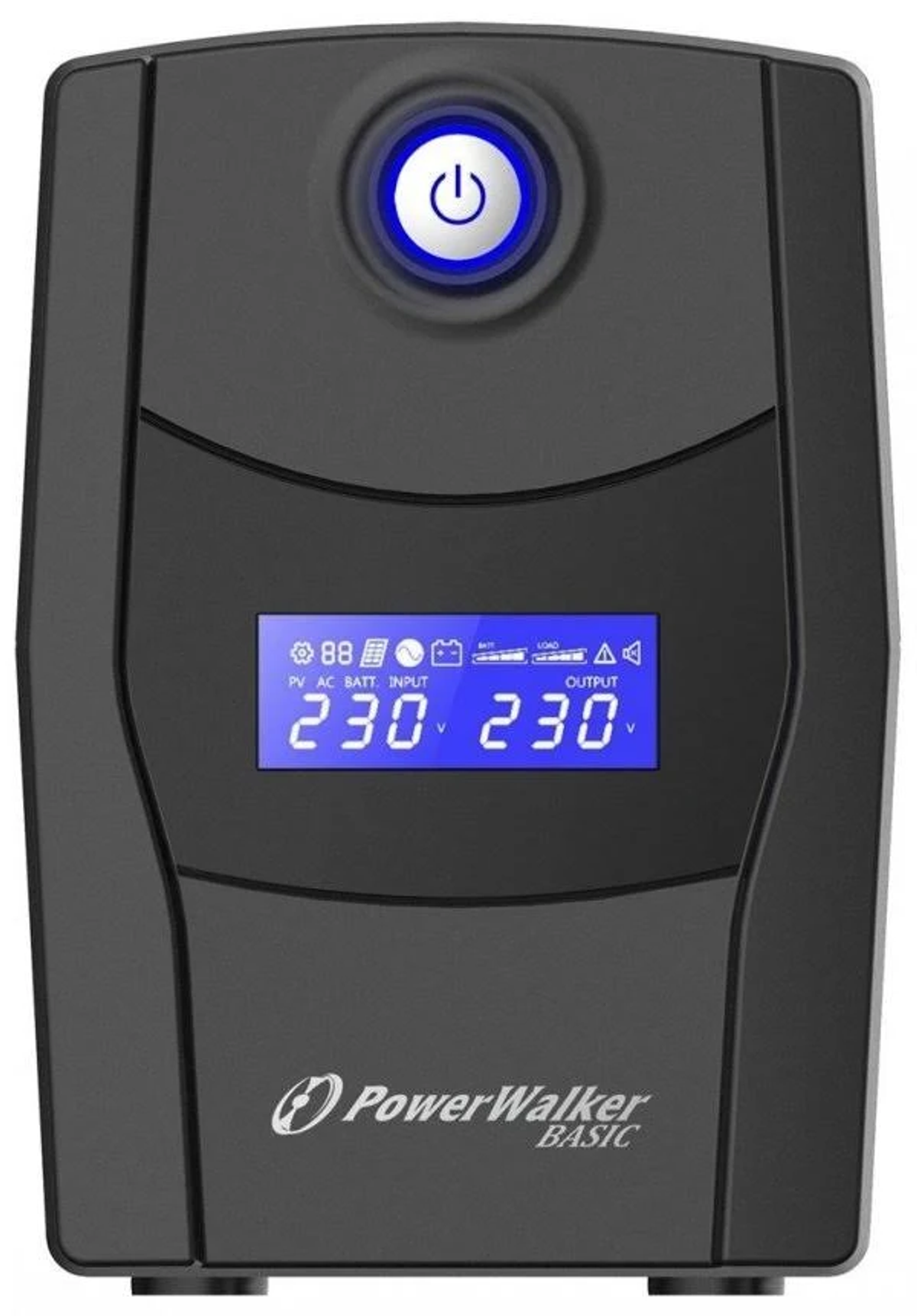 Czarny UPS z logo PowerWalker Basic i niebieskim podświetlanym przyciskiem.