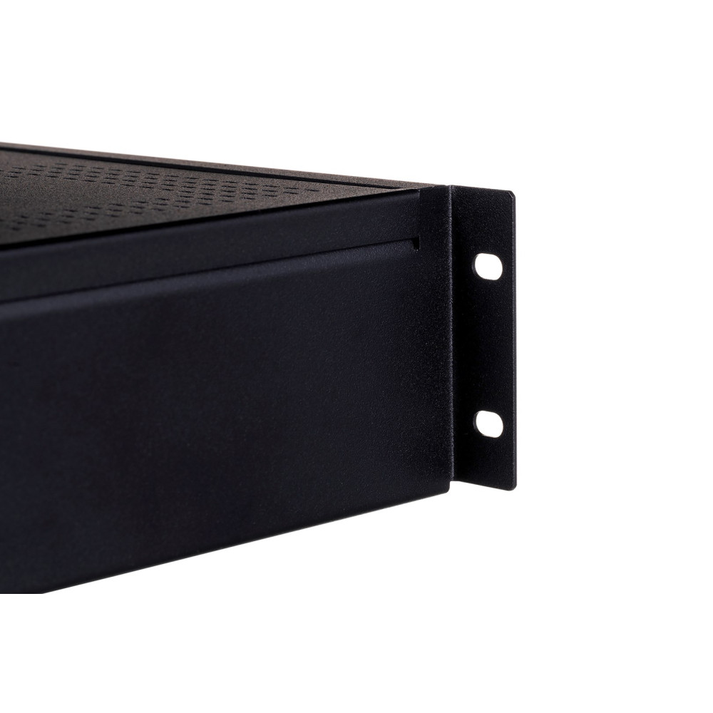 Czarne podwozie do montażu w szafie z otworami wentylacyjnymi i montażowymi.