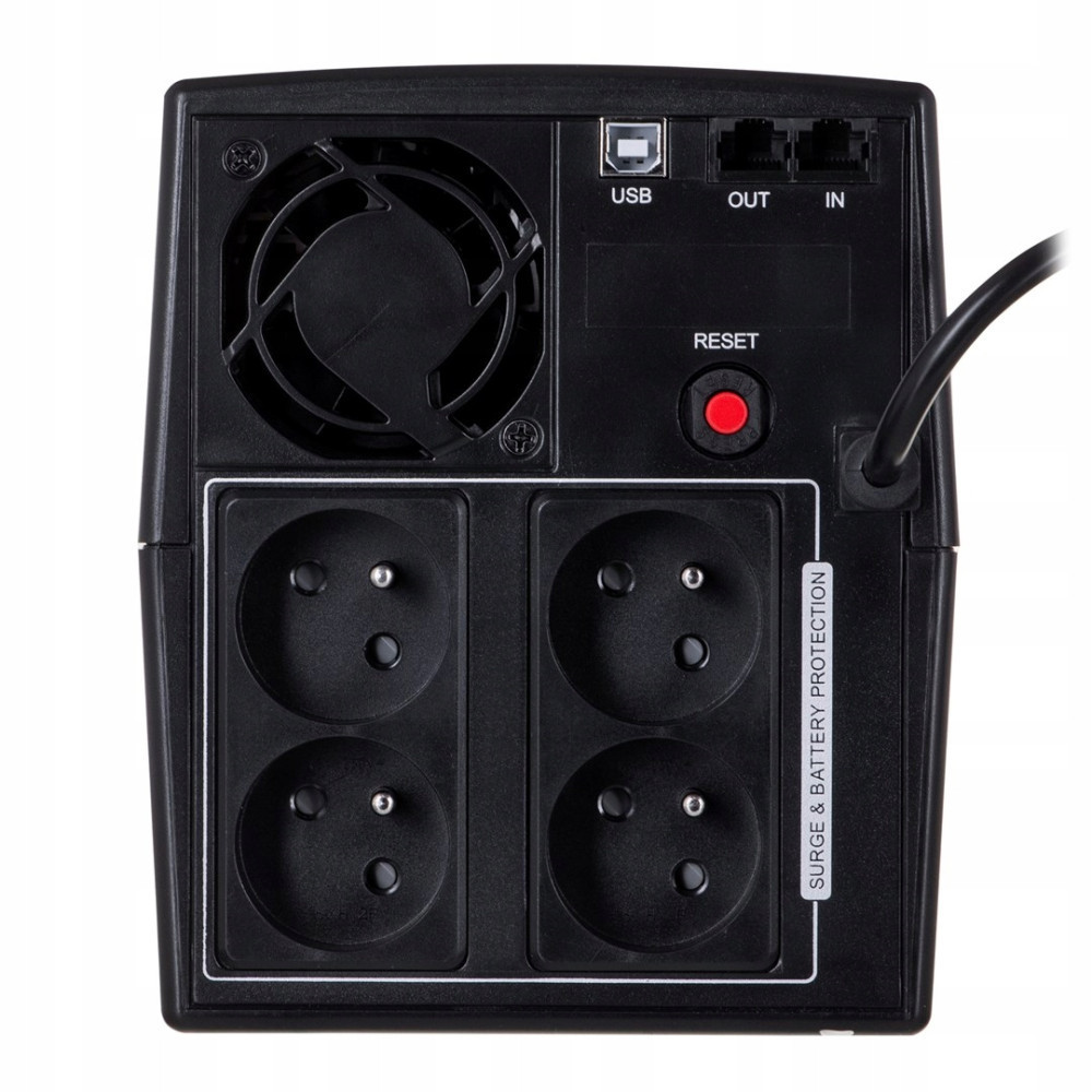 Tył czarnego urządzenia UPS z wentylatorem, gniazdami, USB i przyciskiem reset.