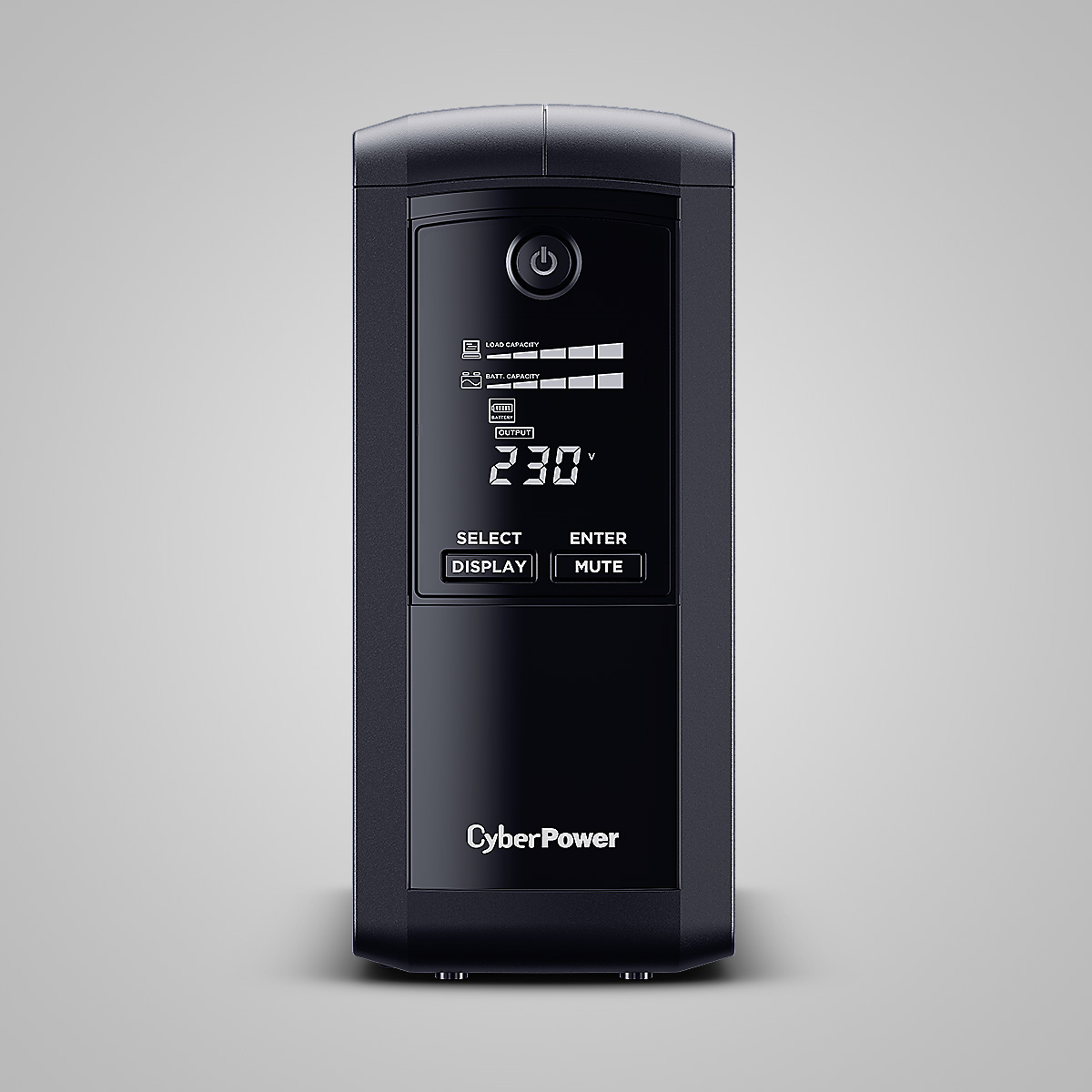Czarny zasilacz awaryjny CyberPower z cyfrowym wyświetlaczem pokazującym 230V, obciążenie i baterię.