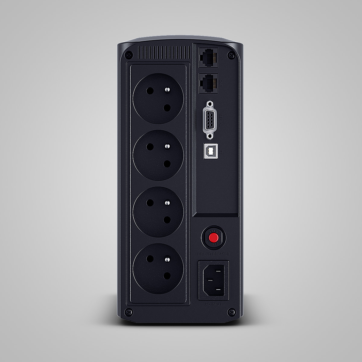 Tył czarnego urządzenia UPS z gniazdami, portami i czerwonym przyciskiem.