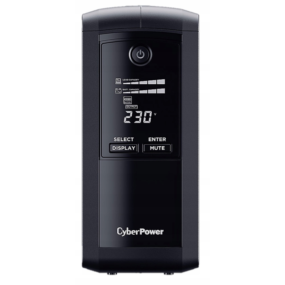 Czarny zasilacz awaryjny CyberPower z ekranem LCD pokazującym 230V.