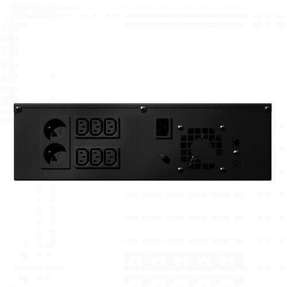 Tył czarnego urządzenia z gniazdami, wentylatorem i przełącznikiem.