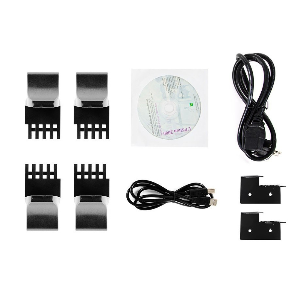 Cztery czarne klipsy, płyta CD, czarny kabel i dwa wsporniki.