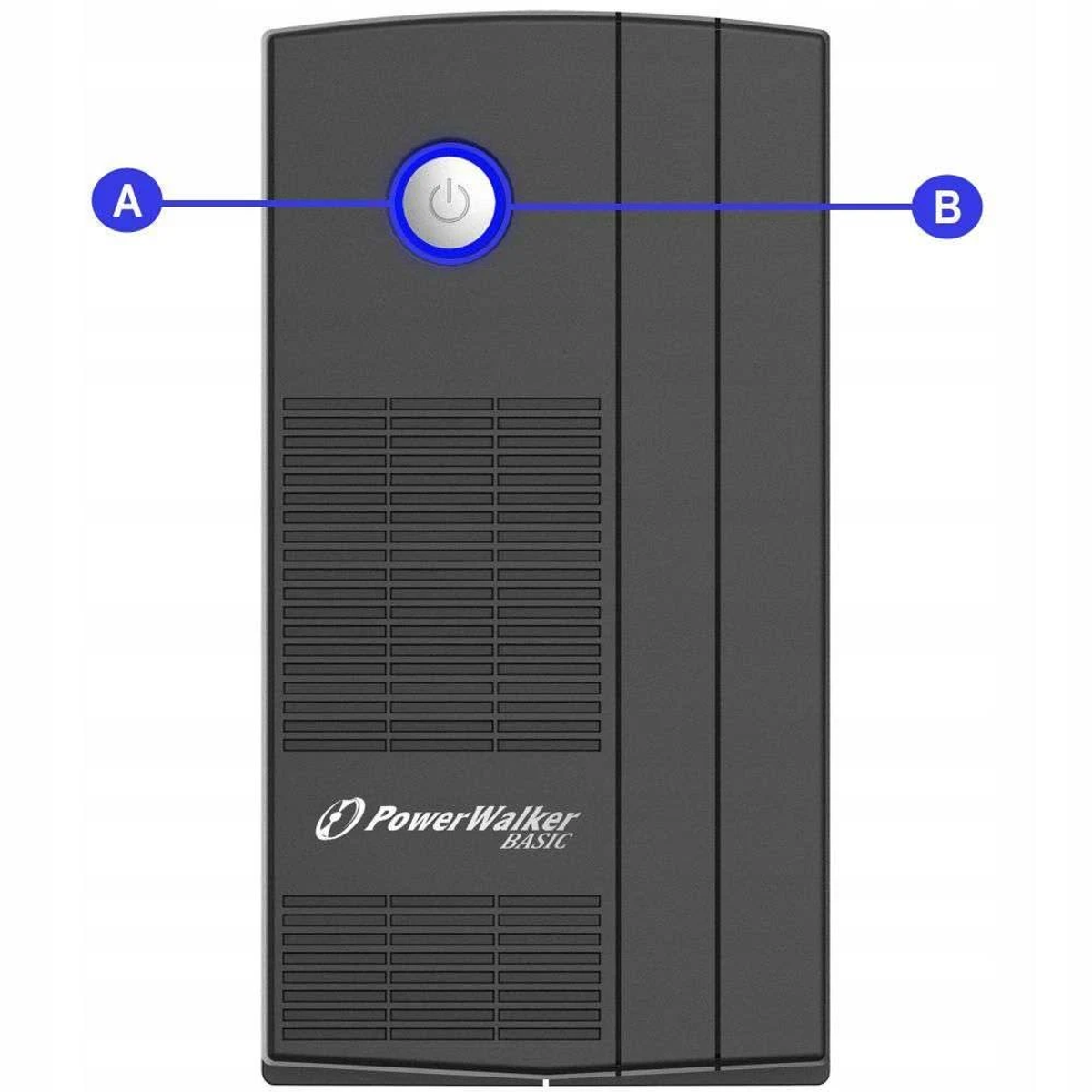 Czarny UPS typu tower z logo PowerWalker BASIC i podświetlonym przyciskiem zasilania.