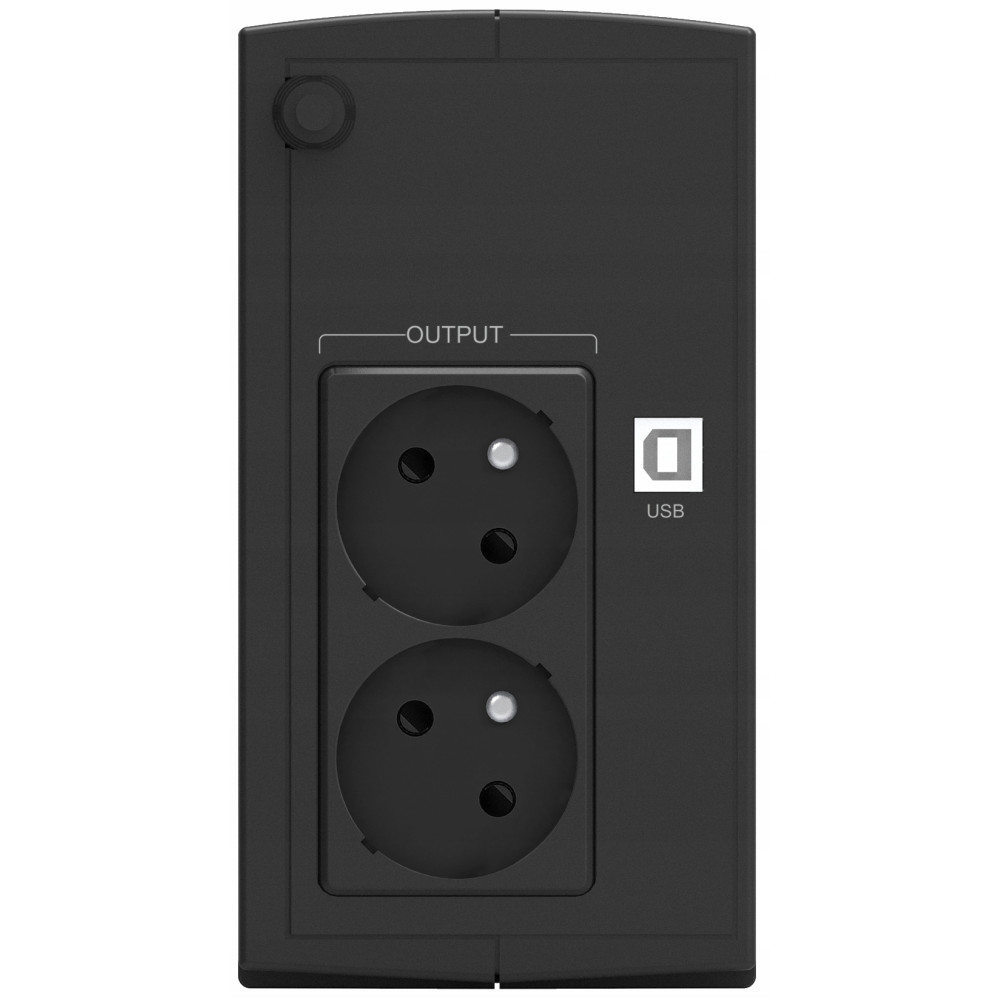 Czarne urządzenie z dwoma gniazdami i portem USB.