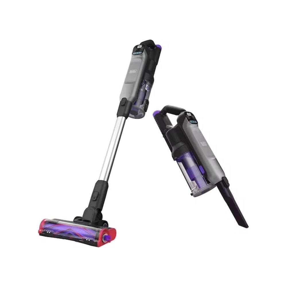 Zwei Handstaubsauger in Grau und Schwarz mit violetten Akzenten auf weißem Hintergrund.