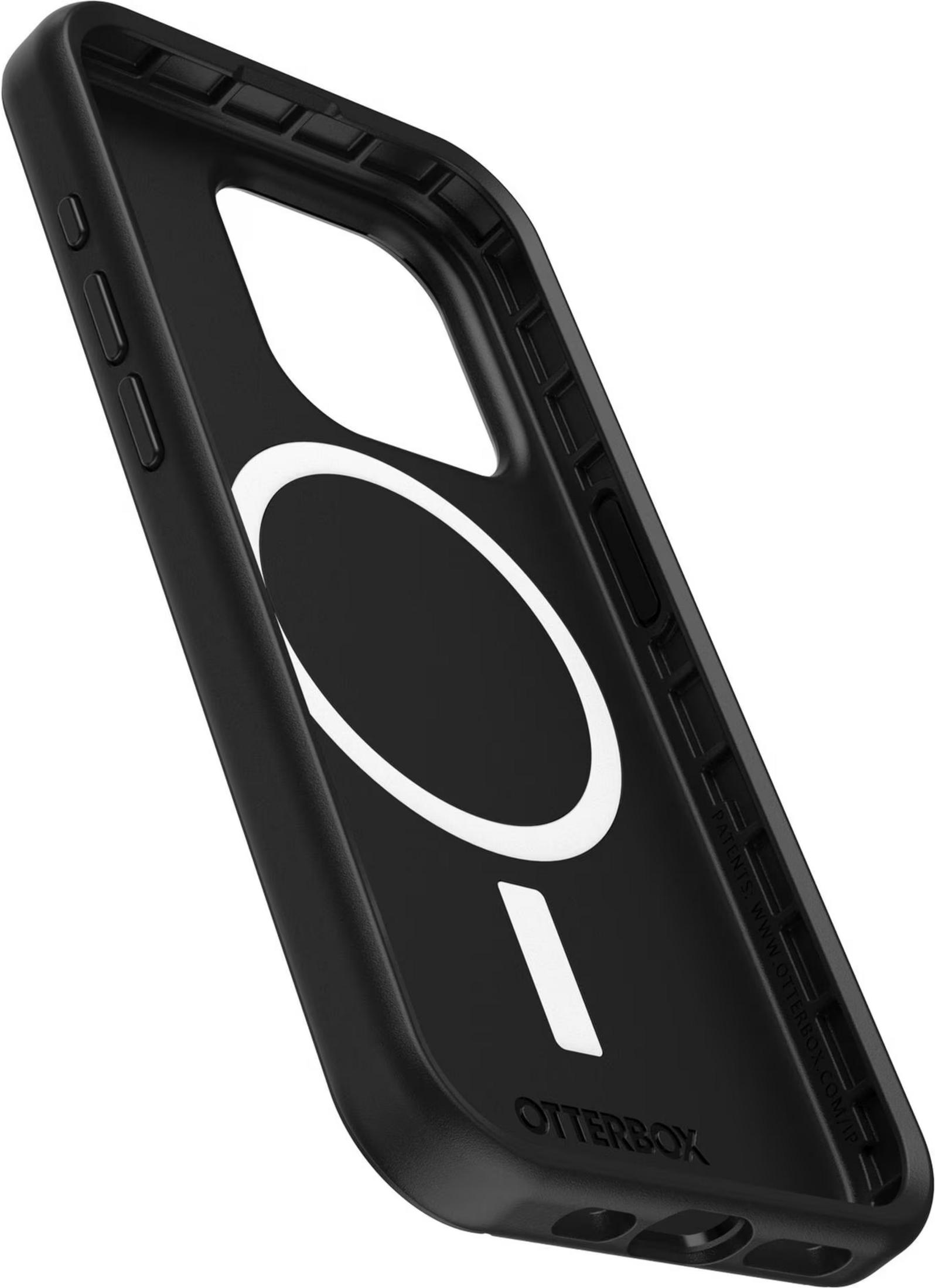 Custodia nera per telefono con cerchio magnetico bianco e linea.