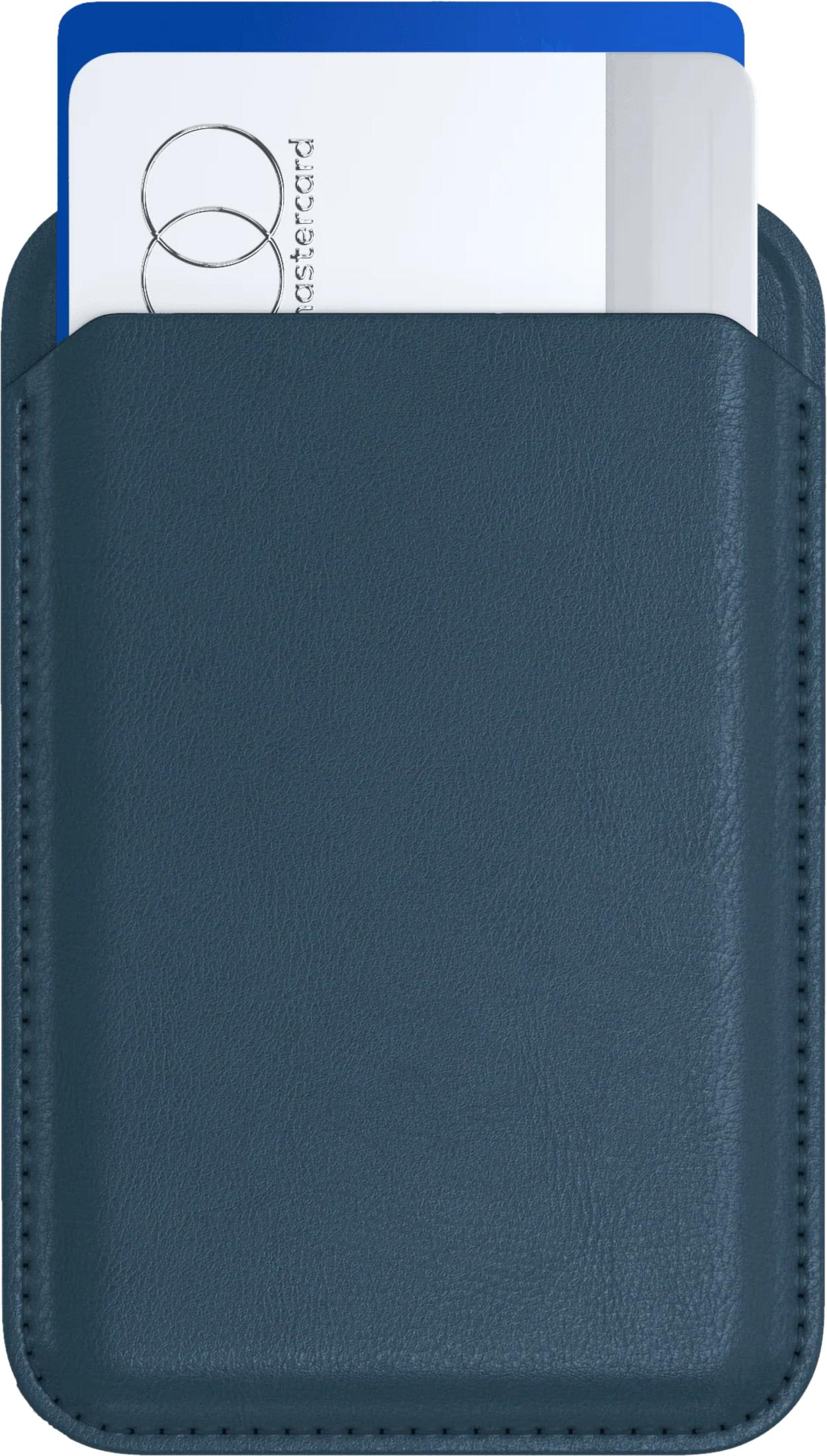Un porta carte blu con una carta Mastercard.