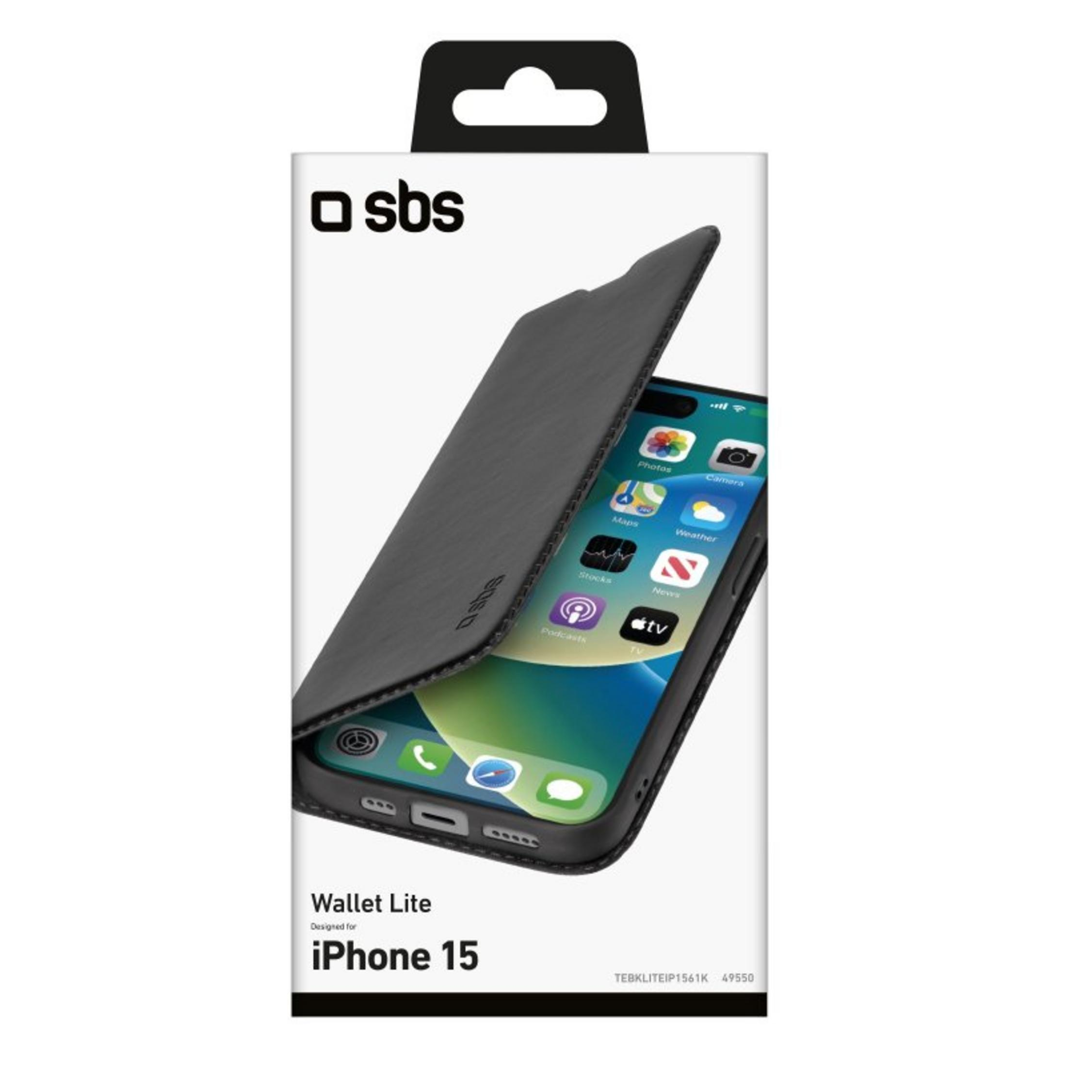 Custodia a portafoglio nera per iPhone 15, aperta, mostra lo schermo.
