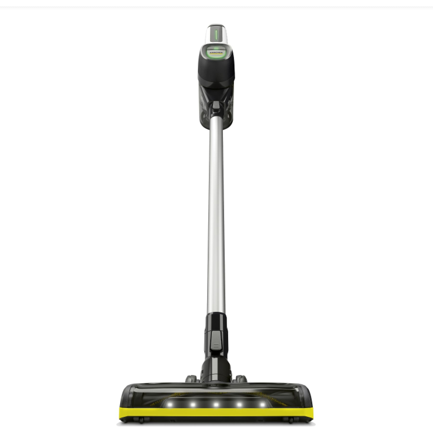 Un aspirateur sans fil avec tube argenté et manche noir.