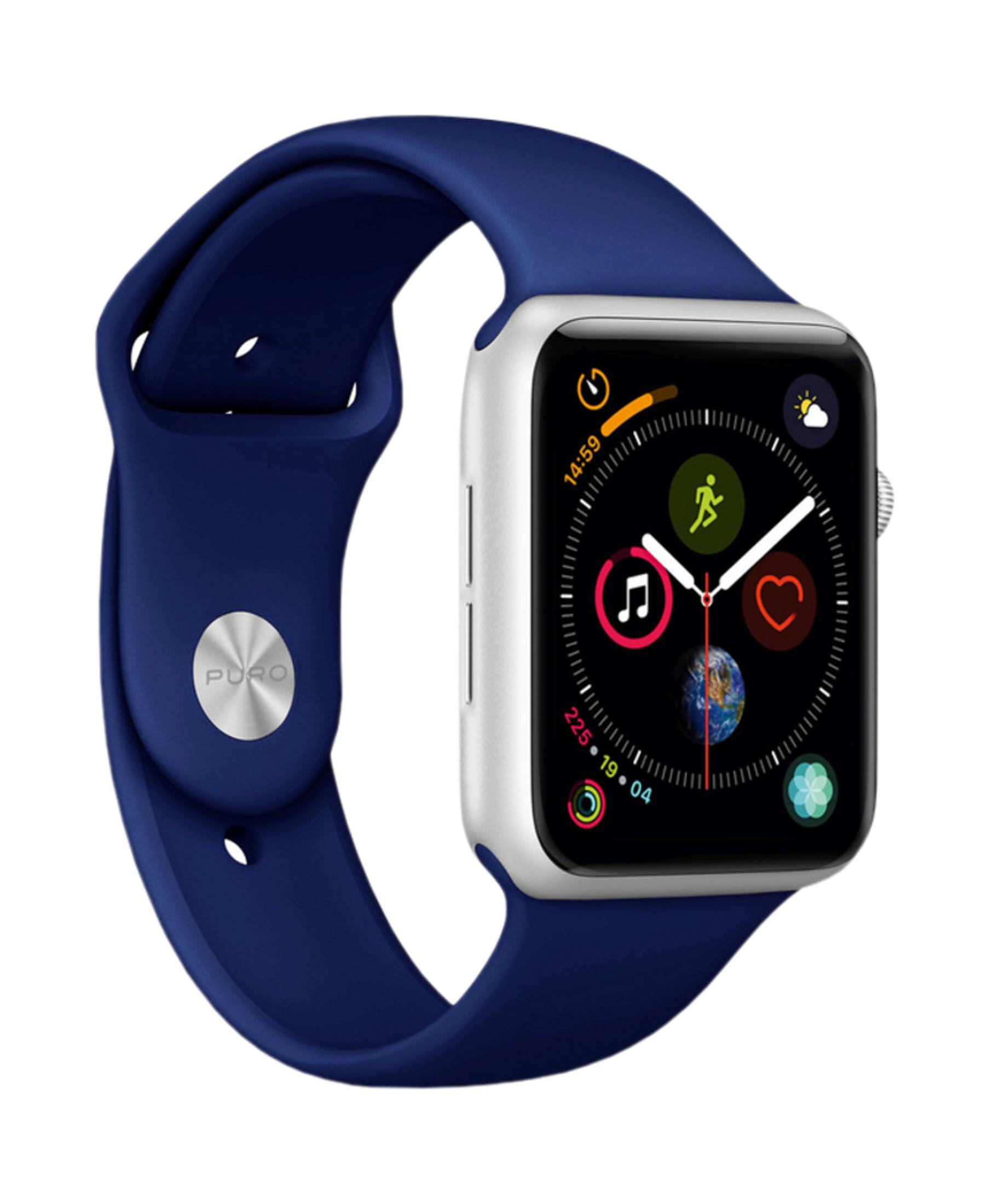 Srebrny smartwatch z niebieską opaską, wyświetlający Ziemię na ekranie.