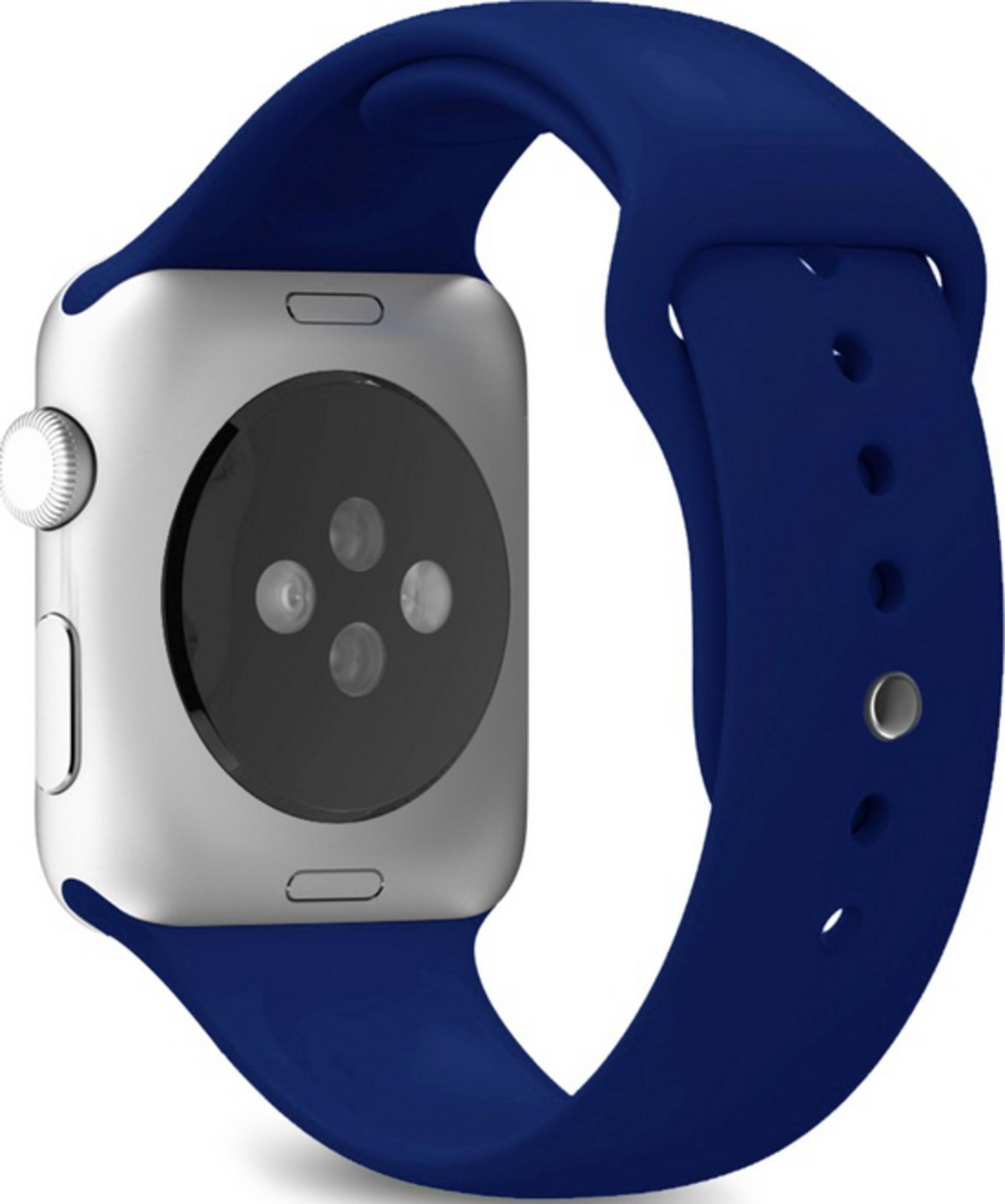 Tył srebrnego smartwatcha z niebieską opaską, widoczne czujniki.