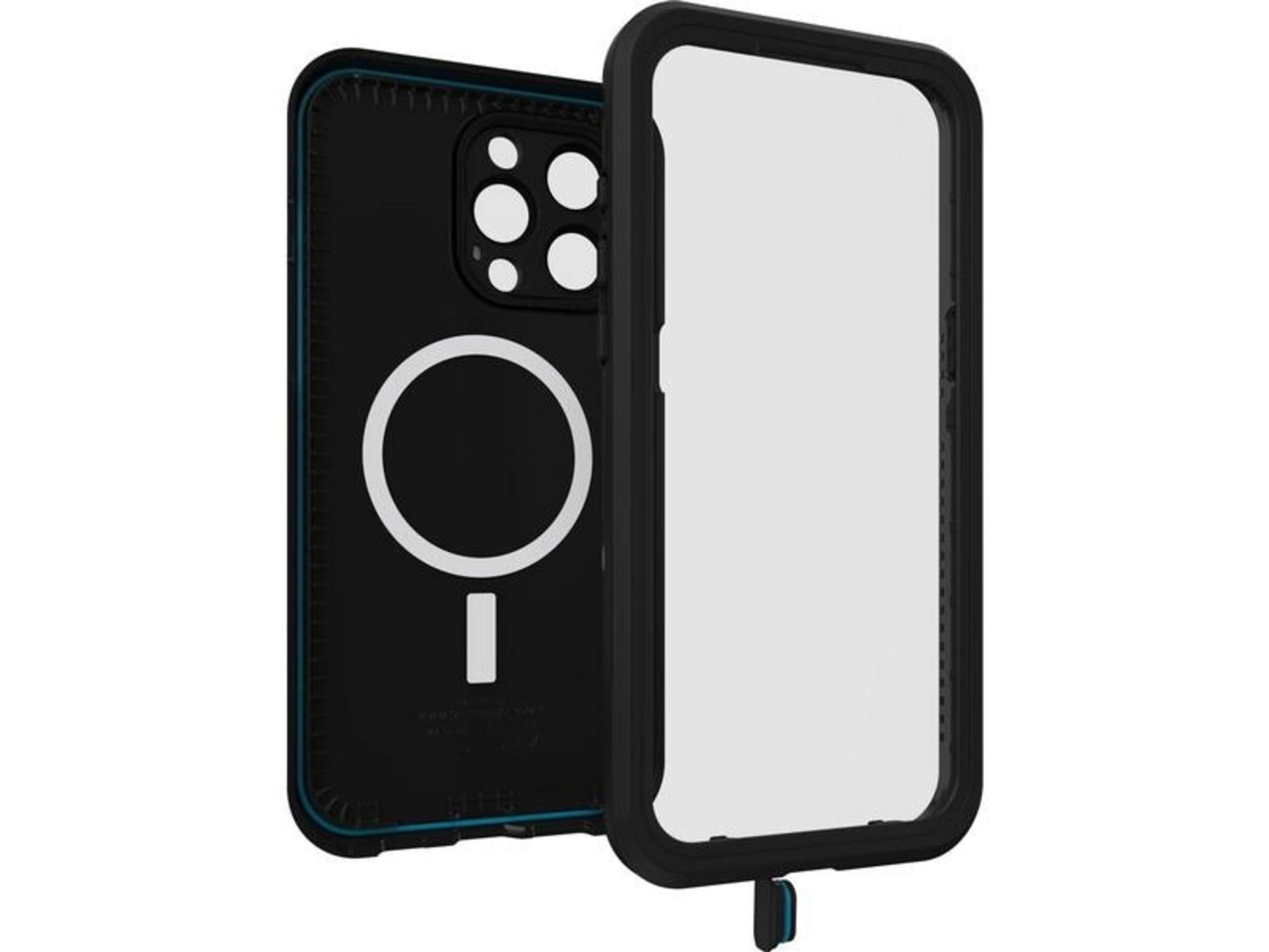 Zwarte telefoonhoes met doorzichtig schermgedeelte en camerauitsnede.