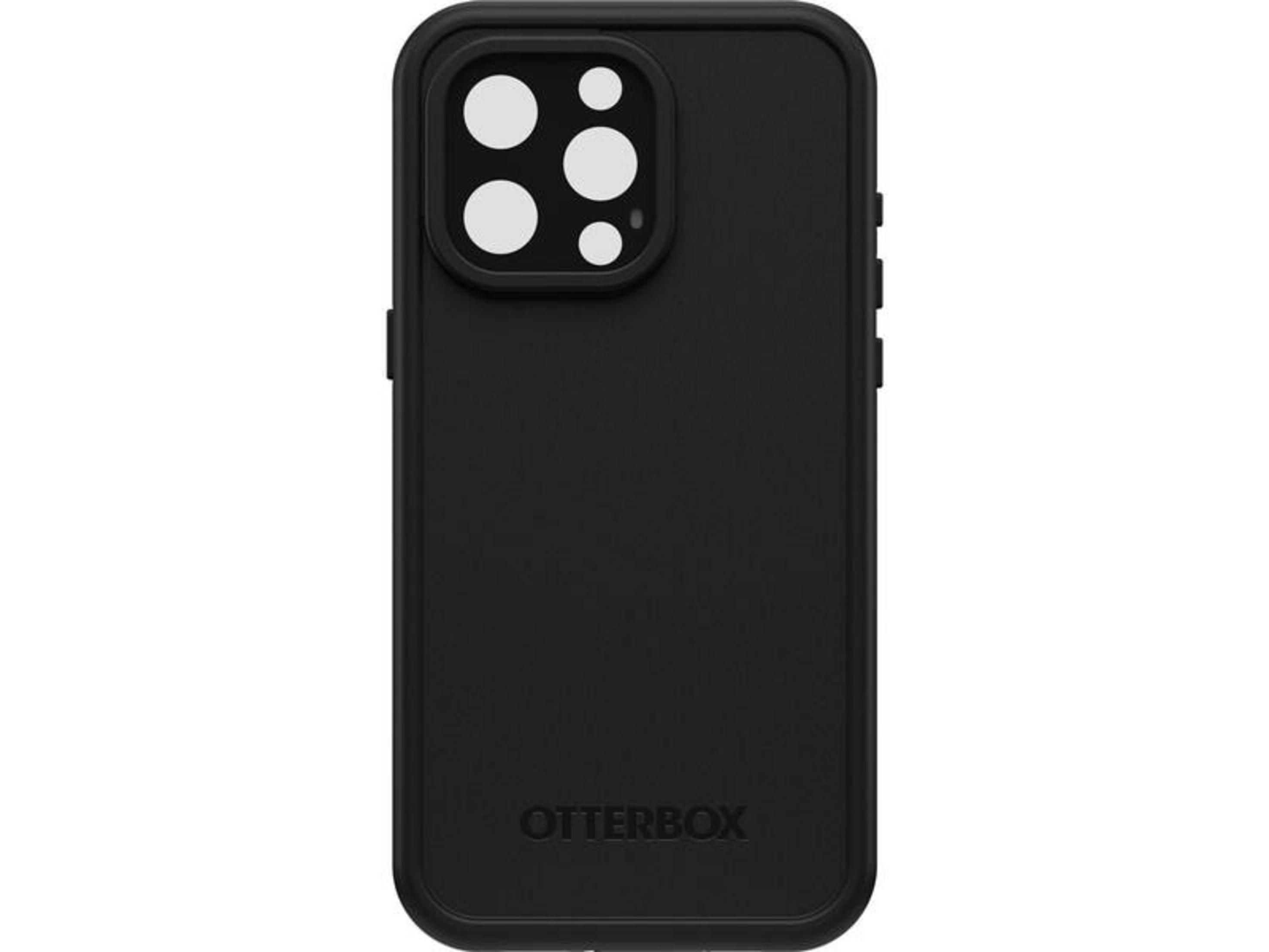Zwarte Otterbox telefoonhoes met camera-uitsparing en logo.