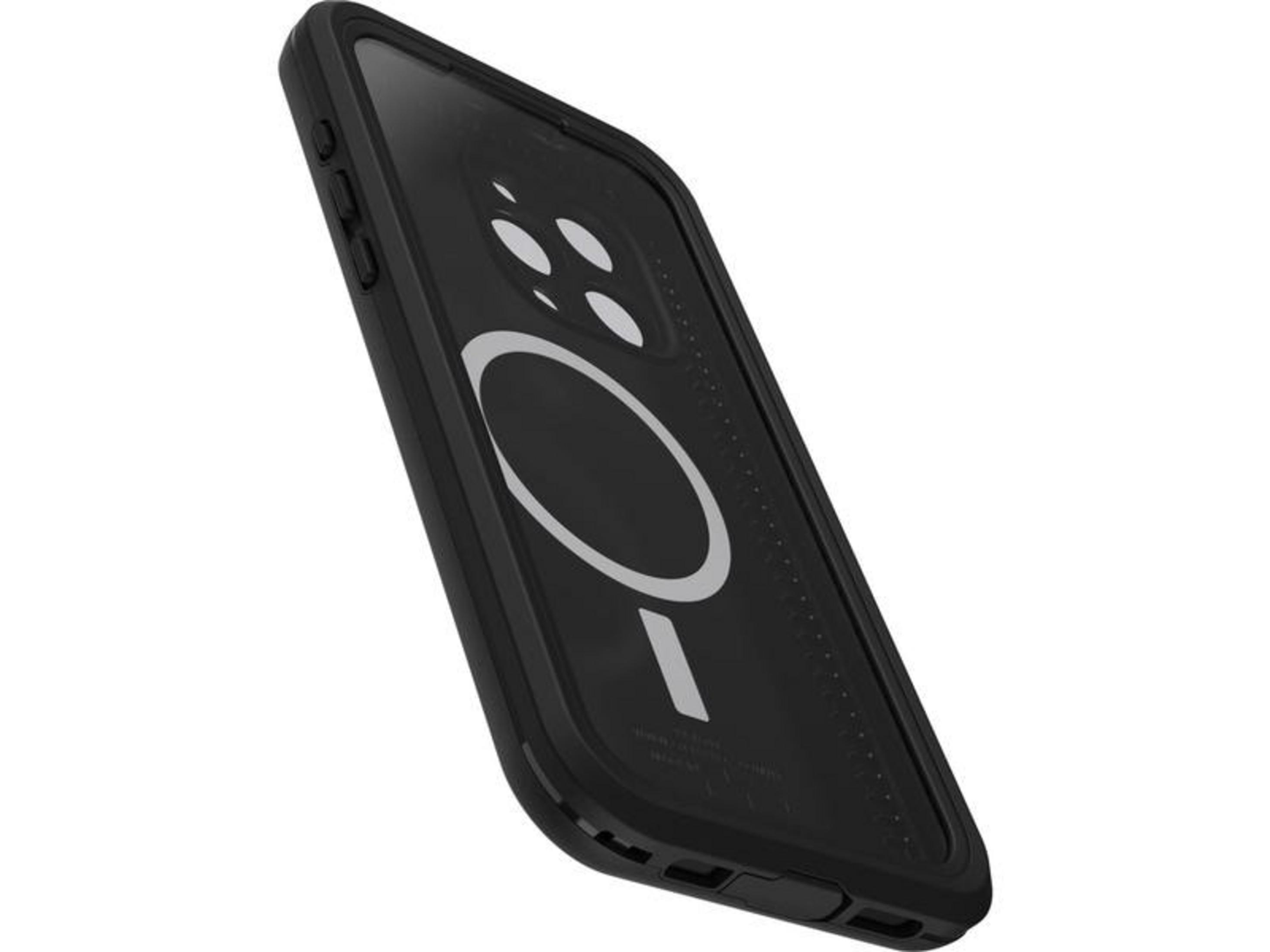 Zwarte telefoonhoes met witte cirkel en streepjespatroon op de achterkant.