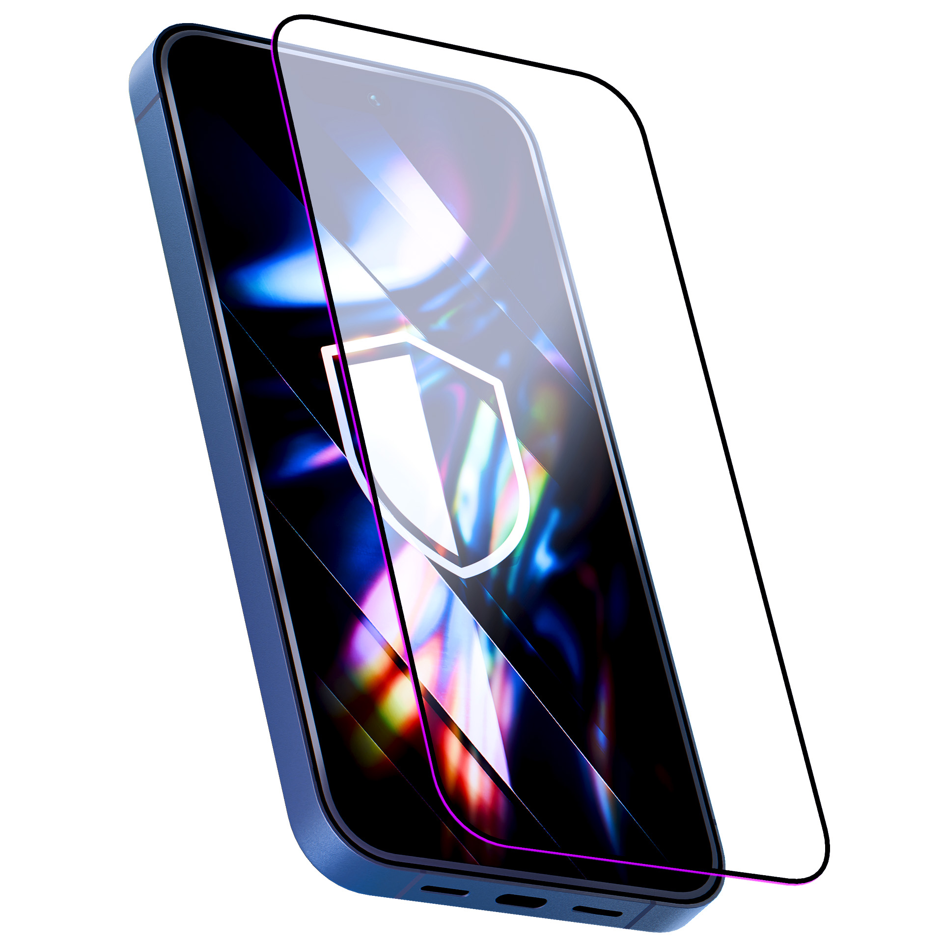 Niebieski smartfon z osłoną ekranu pokazującą ikonę tarczy.