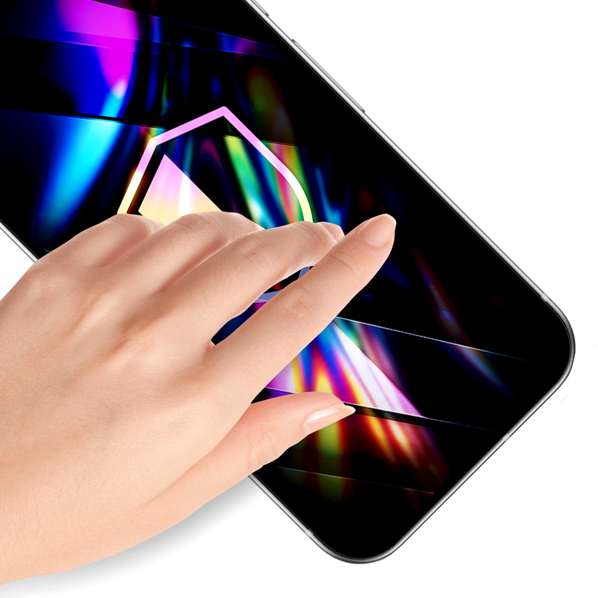 Dłoń dotyka ekranu smartfona z abstrakcyjnym, kolorowym tłem.