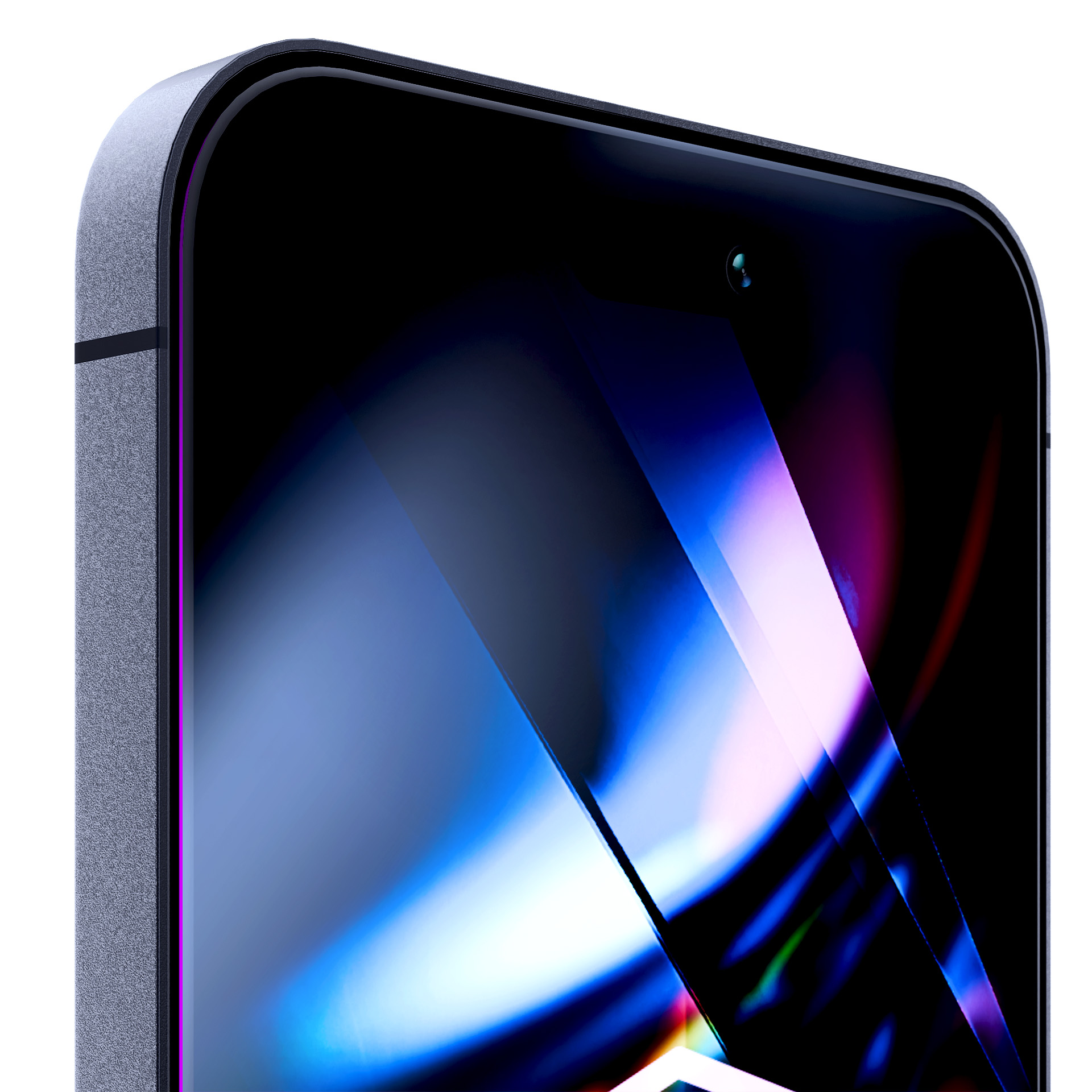 Zbliżenie na górę smartfona z ciemnym ekranem pokazującym niebieskie i fioletowe odbicia.