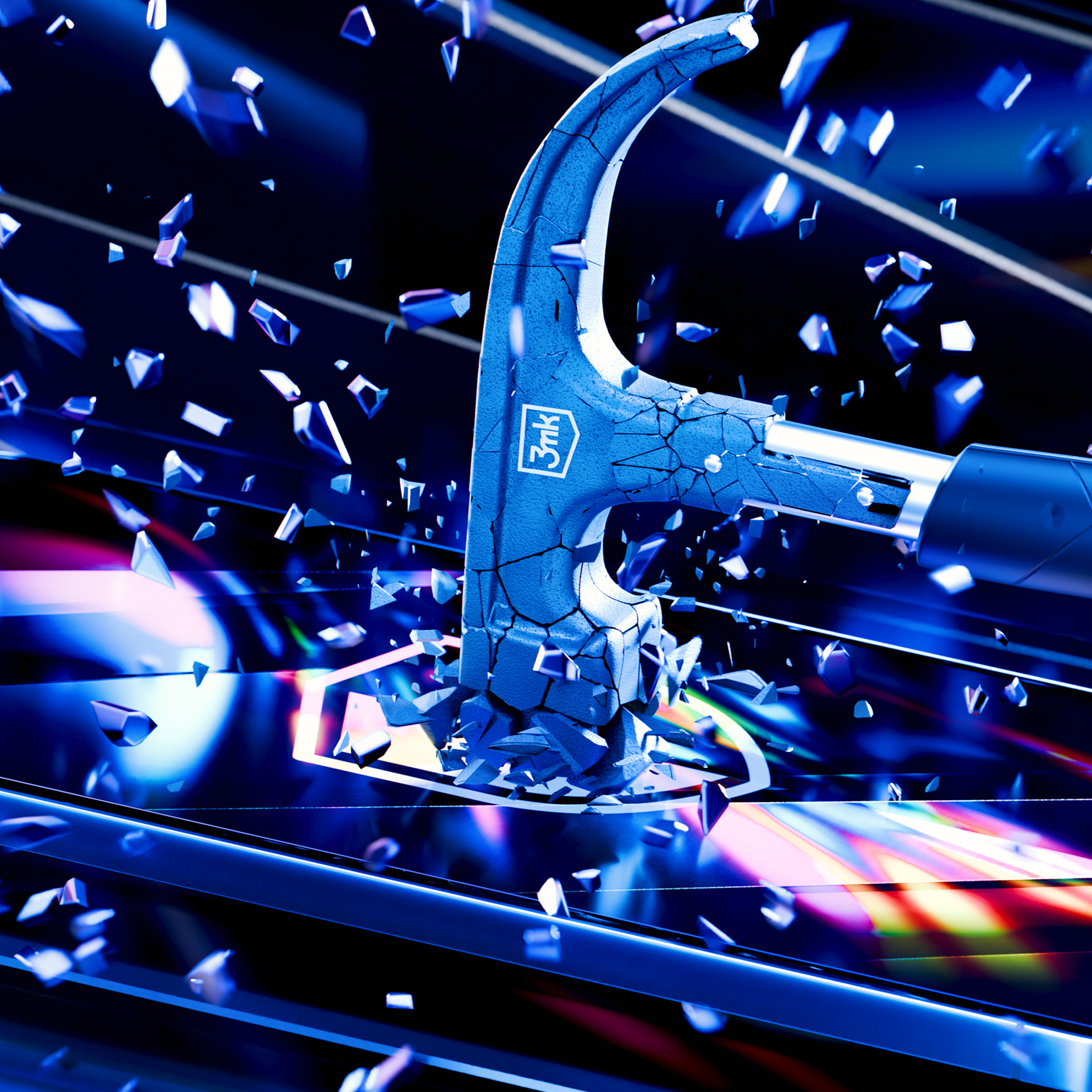 Niebieski młotek niszczy obiekt, odłamki latają w powietrzu.