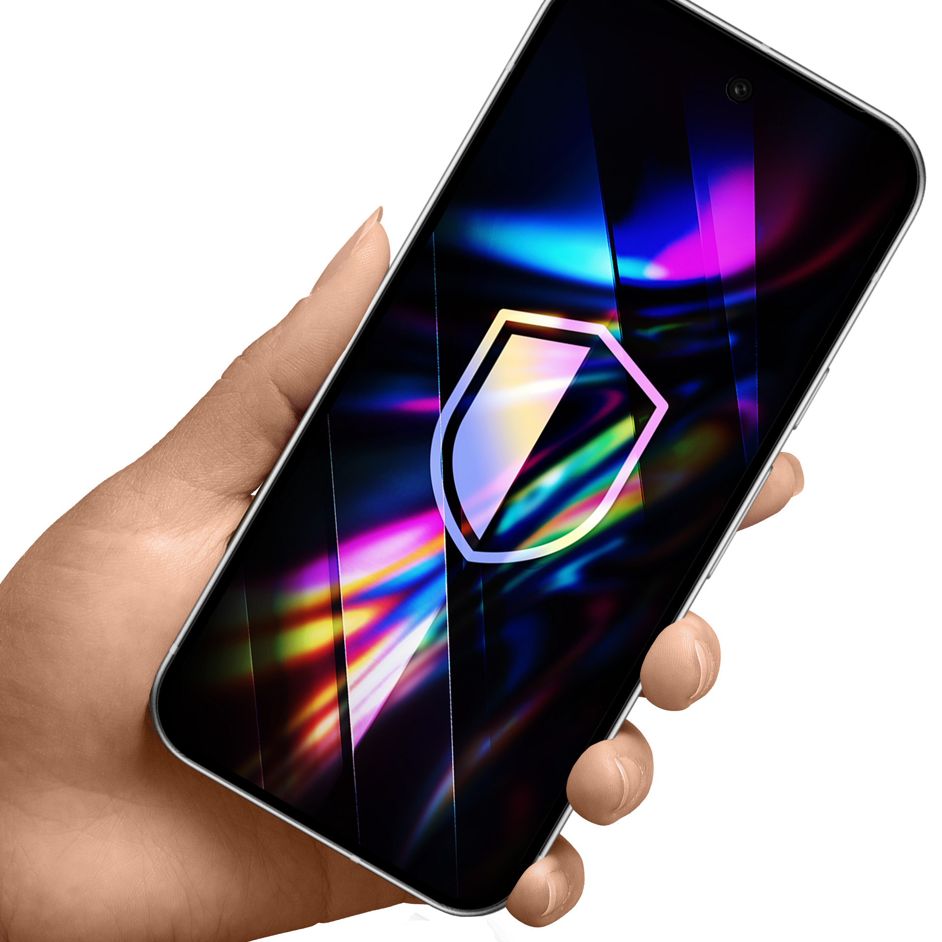 Dłoń trzyma smartfon z ikoną tarczy i kolorowymi światłami na ekranie.