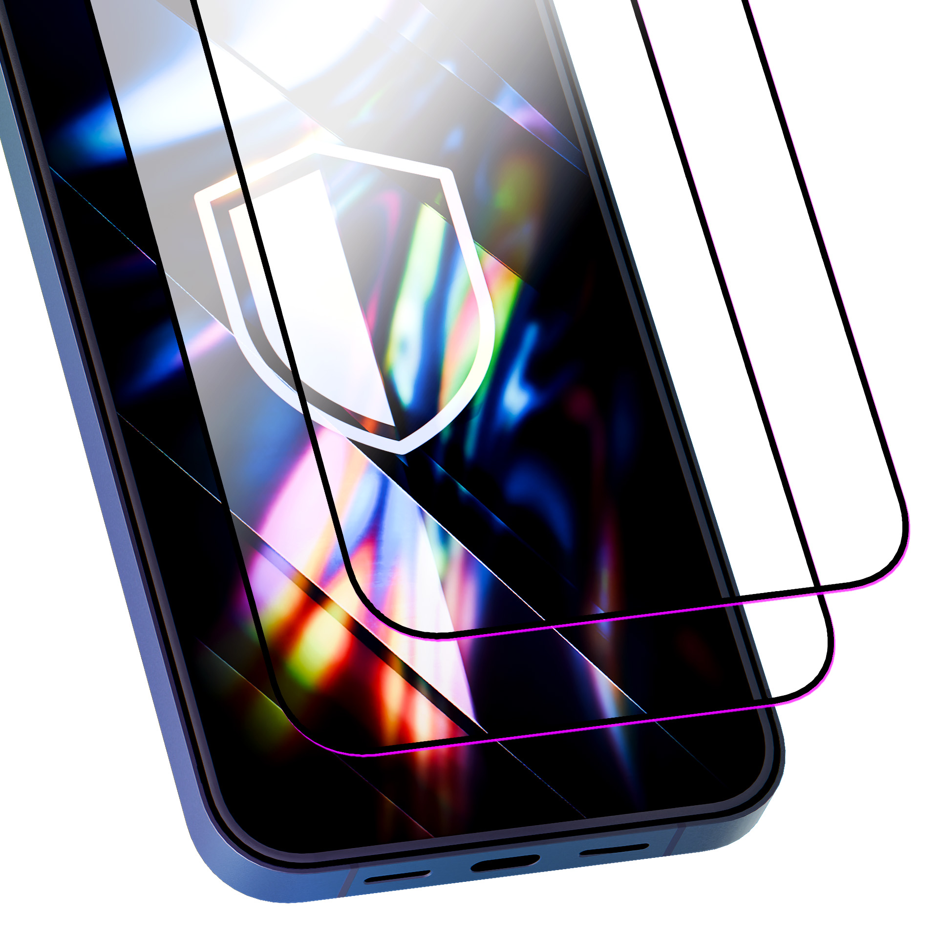 Smartfon z osłoną ekranu, zbliżenie. Kolorowe światła odbijają się na ekranie.