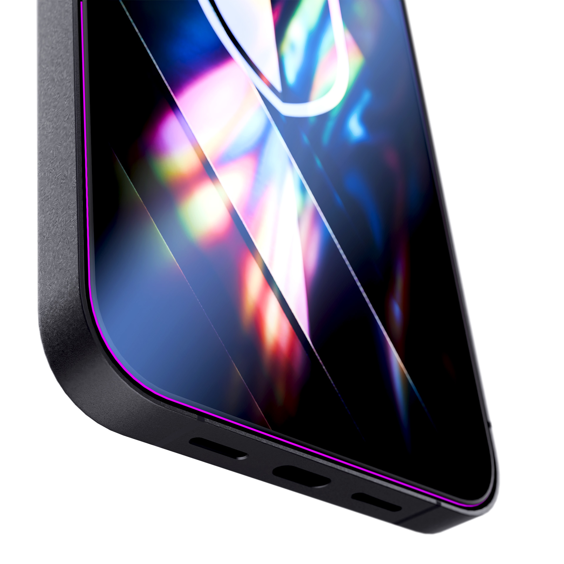 Ciemny smartfon z fioletową krawędzią i abstrakcyjnym, kolorowym tłem.