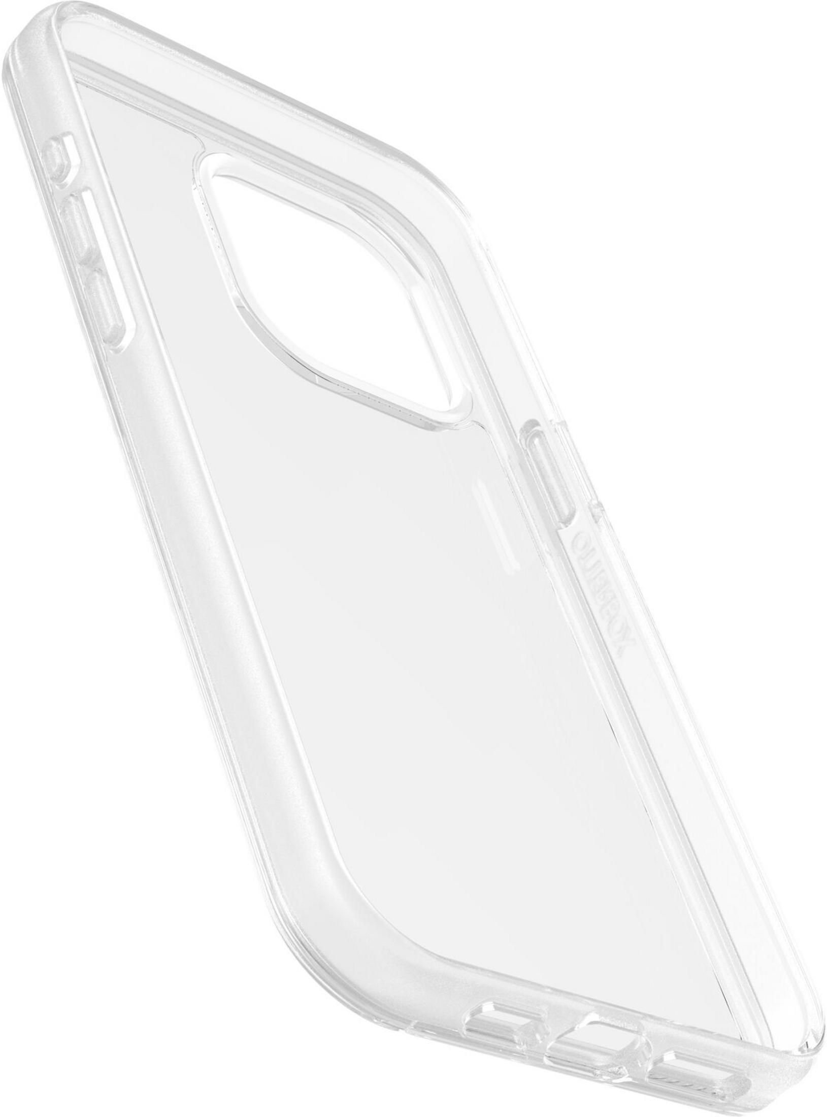 Eine klare, transparente Handyhülle mit strukturierten Tasten und erhöhten Kanten.