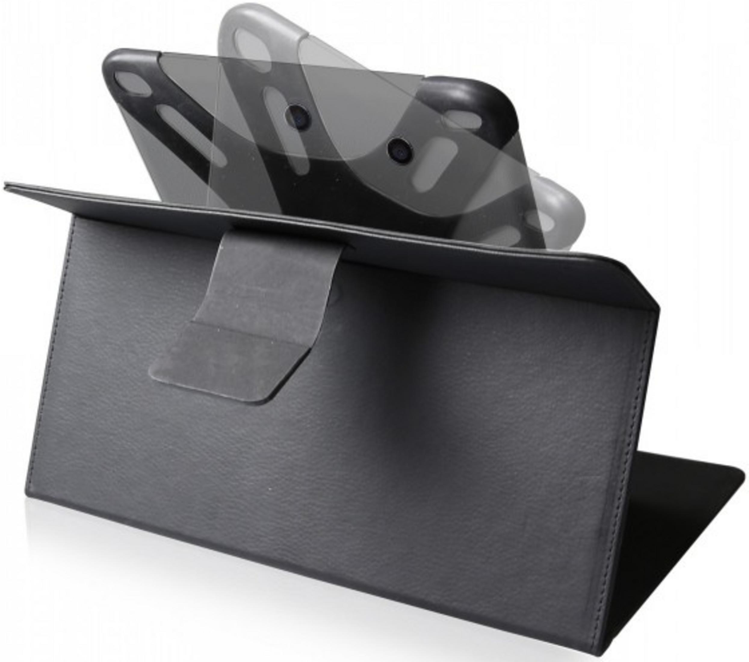 Un tablet nero in una custodia protettiva, visualizzato orizzontalmente.