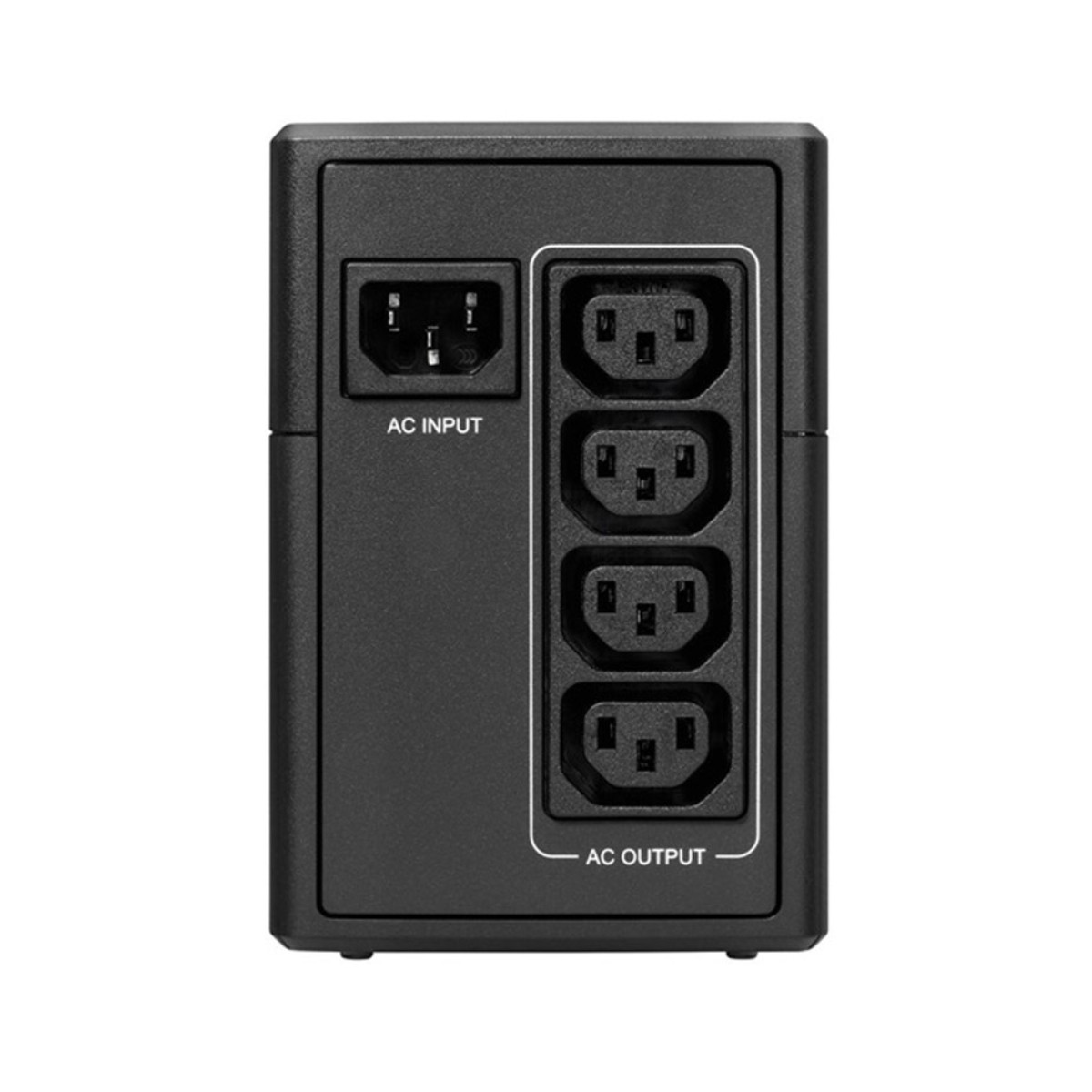 Czarne urządzenie z jednym wejściem AC i czterema wyjściami AC.