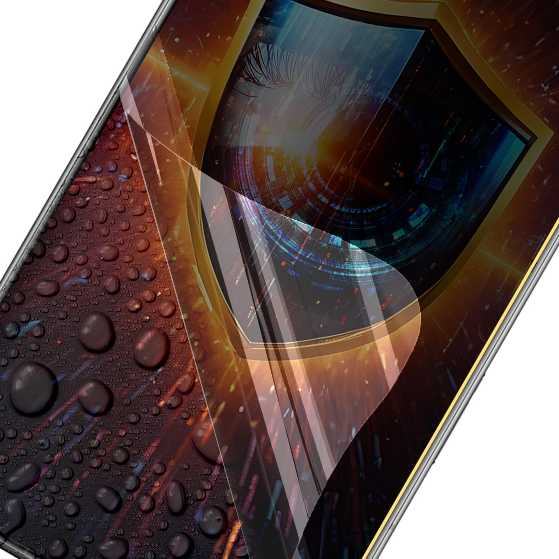 Primo piano di uno schermo smartphone con gocce d'acqua e occhio stilizzato.