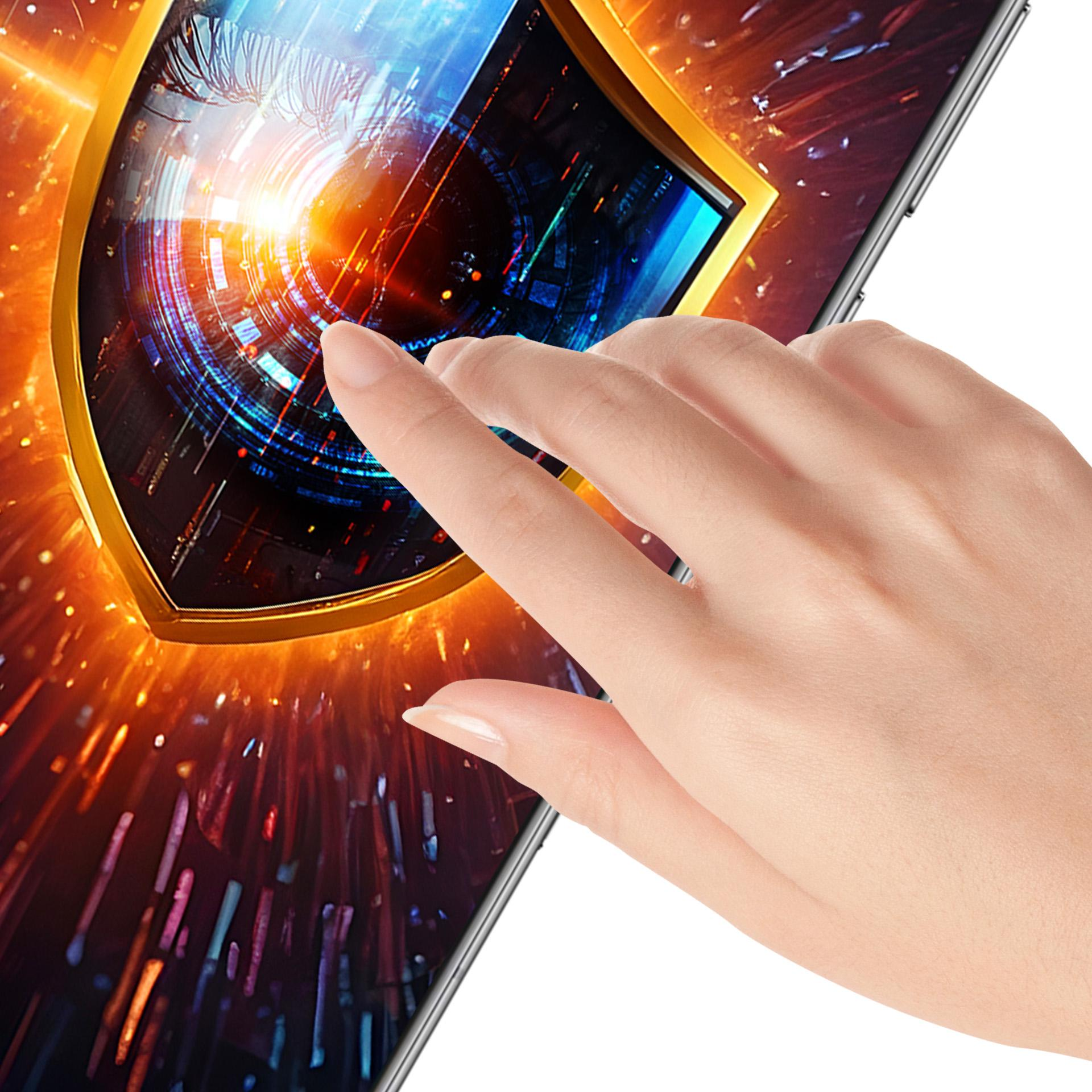 Una mano tocca uno schermo con un occhio stilizzato e motivi digitali.