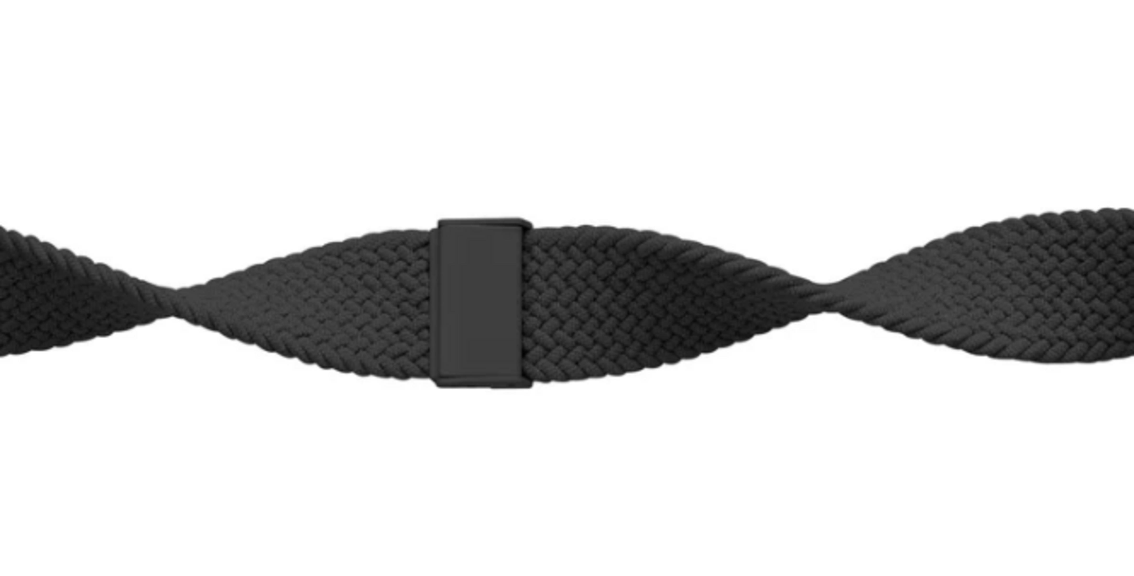 Czarna, pleciona opaska do zegarka z czarną klamrą pośrodku.