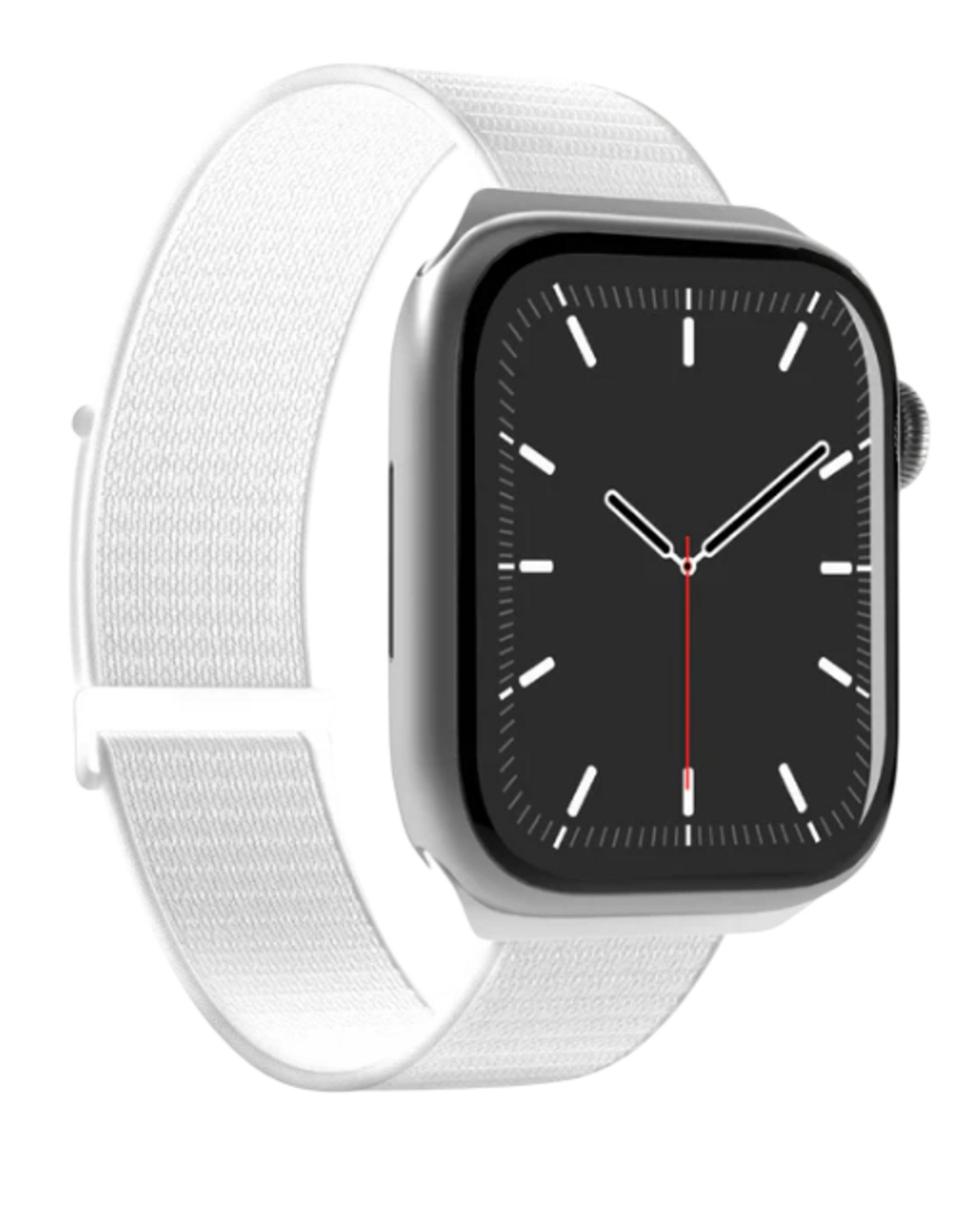 Szary smartwatch z białym paskiem i czarną tarczą.