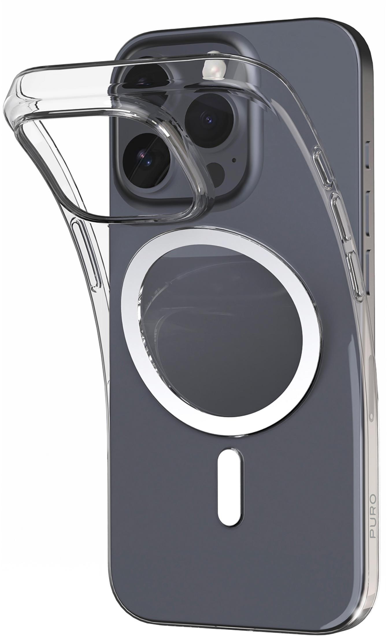 Transparente Hülle über einem dunklen iPhone mit Kameramodul und Magnetring.
