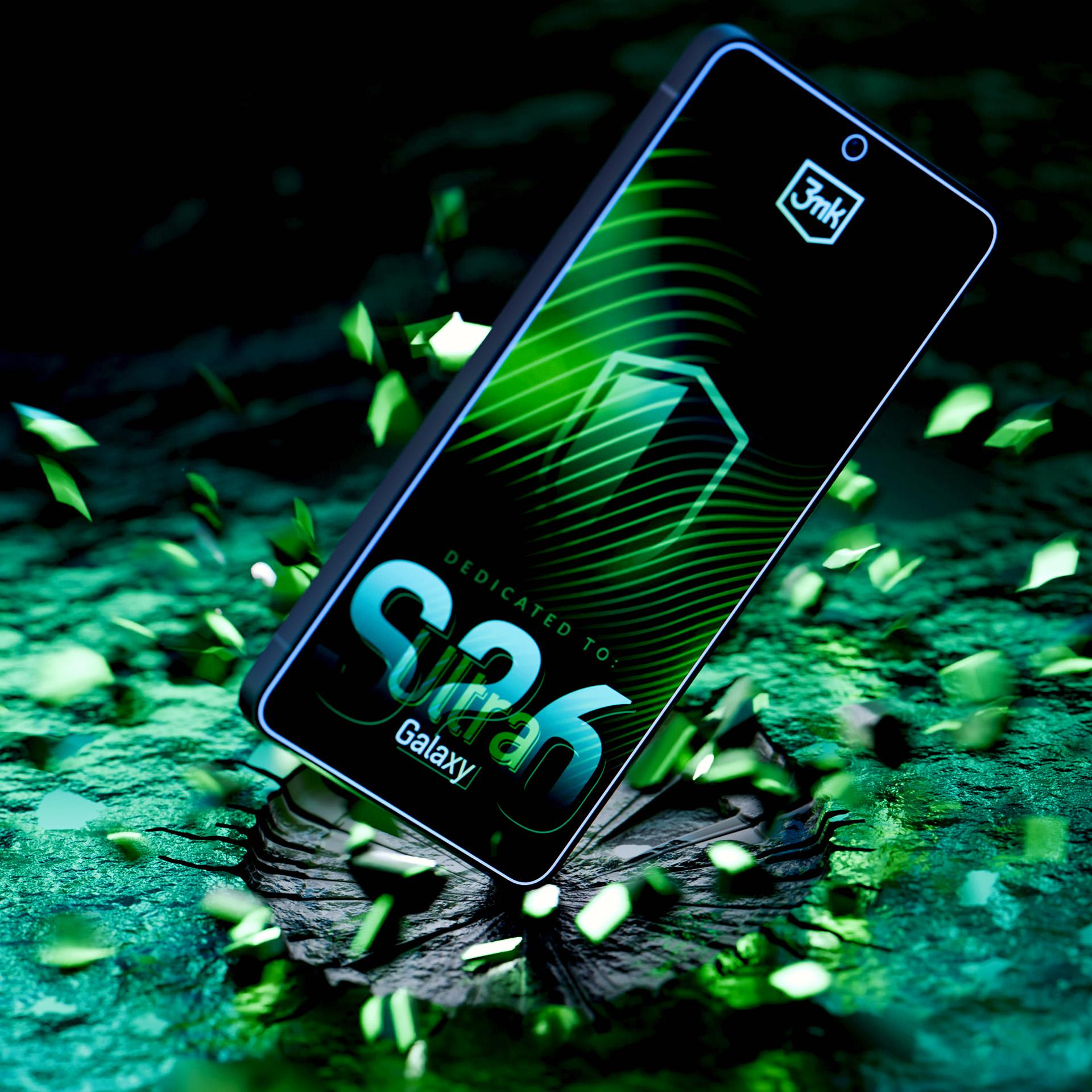 Smartfon z zielonymi falami i ikoną baterii na ekranie.