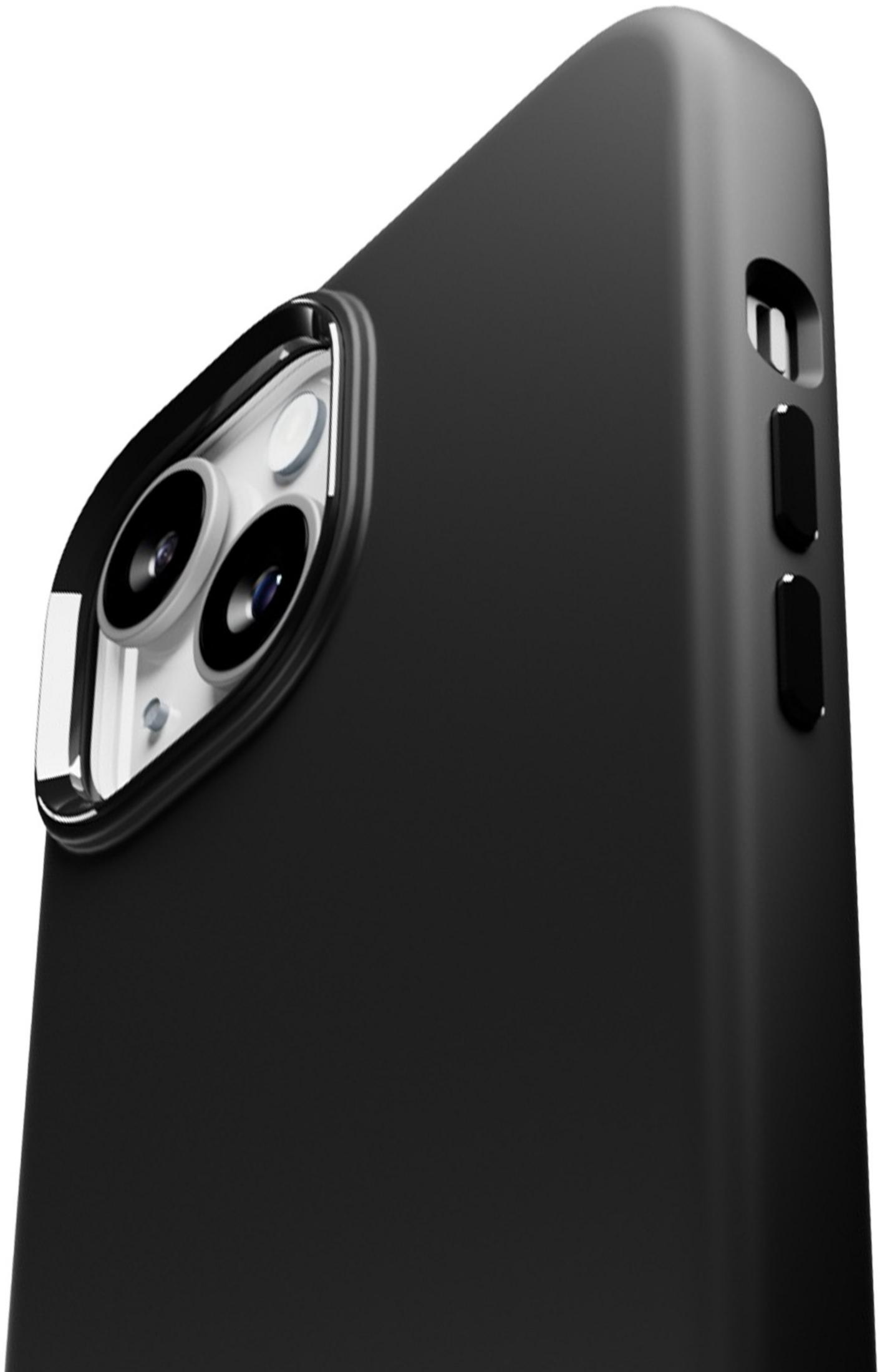 Custodia nera per telefono con array a tripla fotocamera e pulsanti laterali.