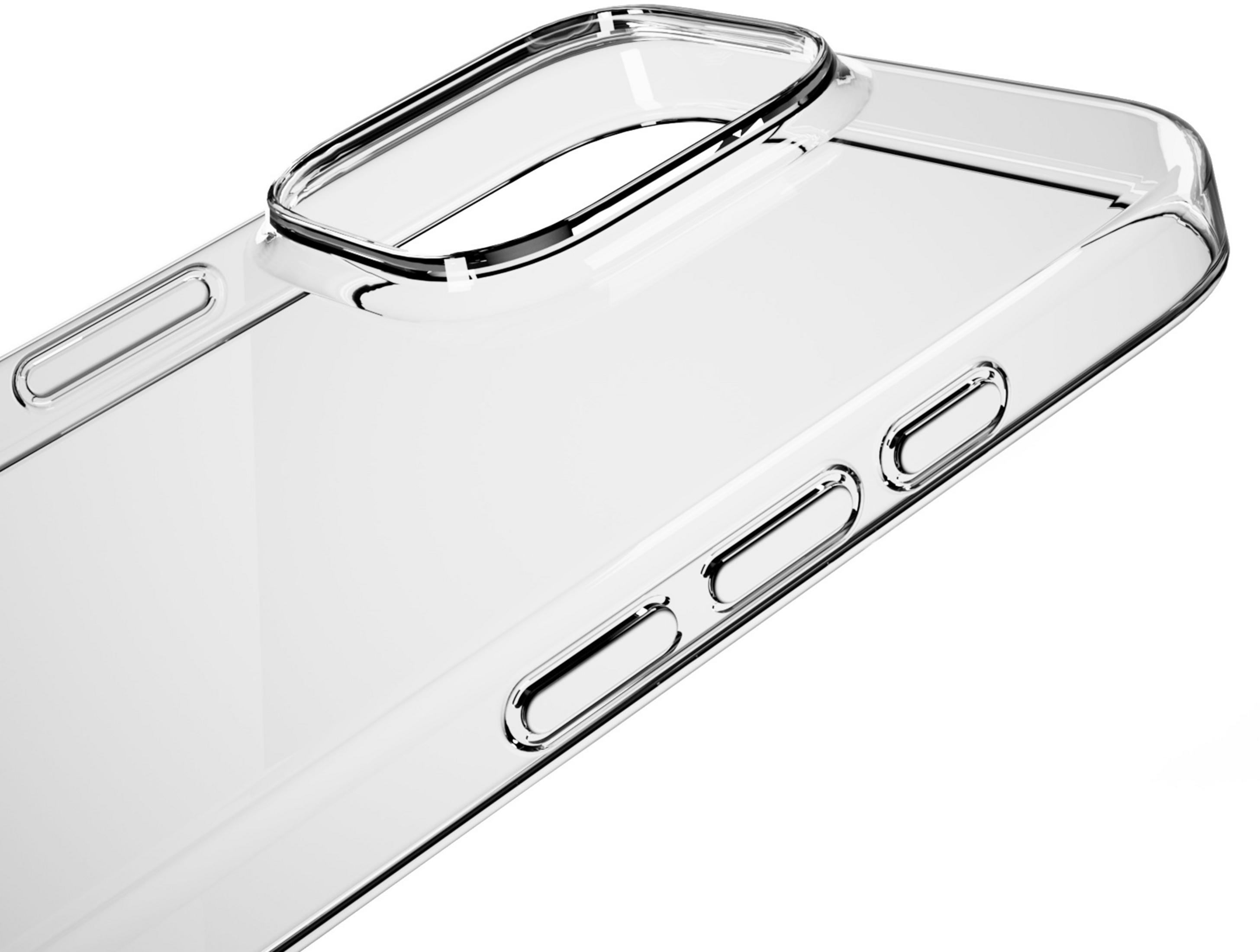 Custodia trasparente per telefono con ritagli per fotocamera e pulsanti.
