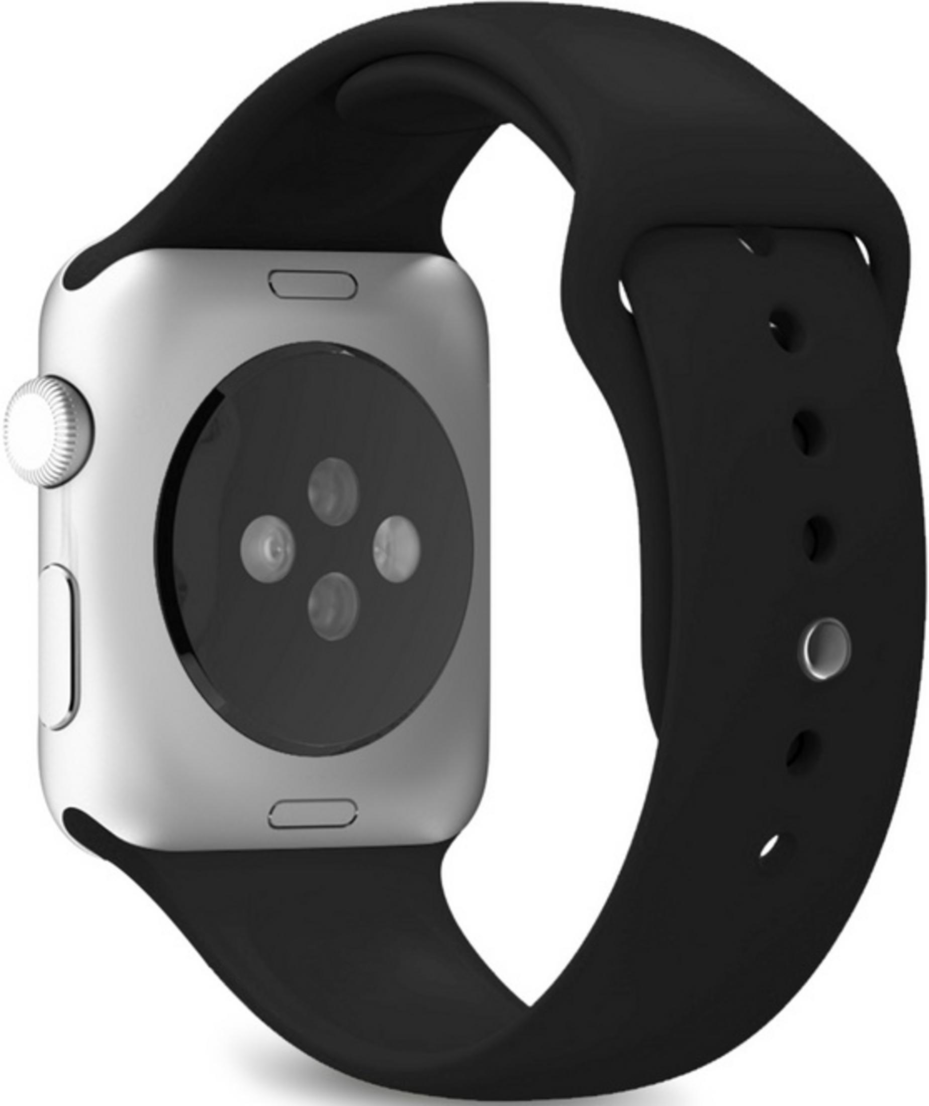 Srebrny smartwatch z czarnym paskiem, tył z czujnikami.