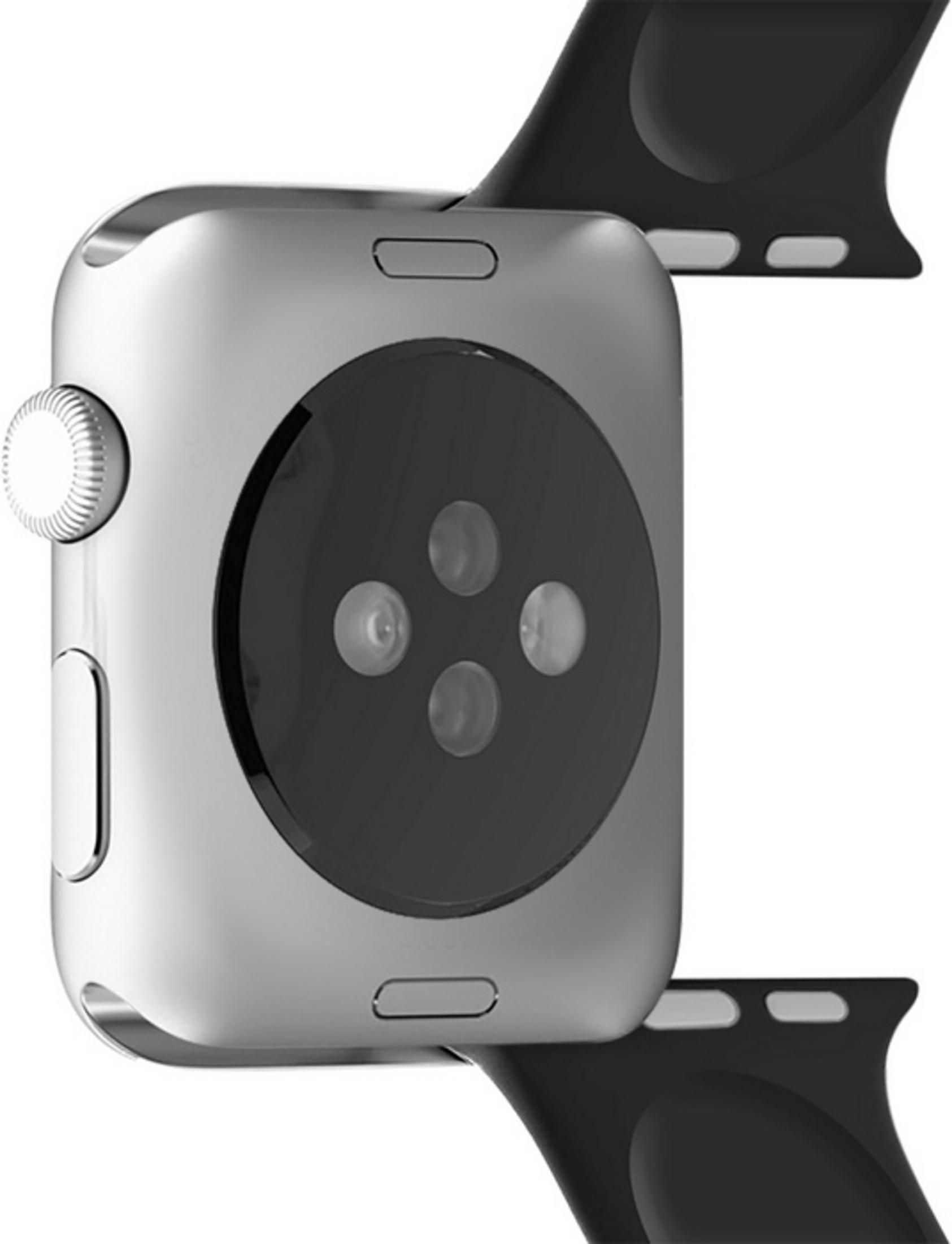 Tył srebrnego smartwatcha z czarną bransoletą, widoczne cztery czujniki.