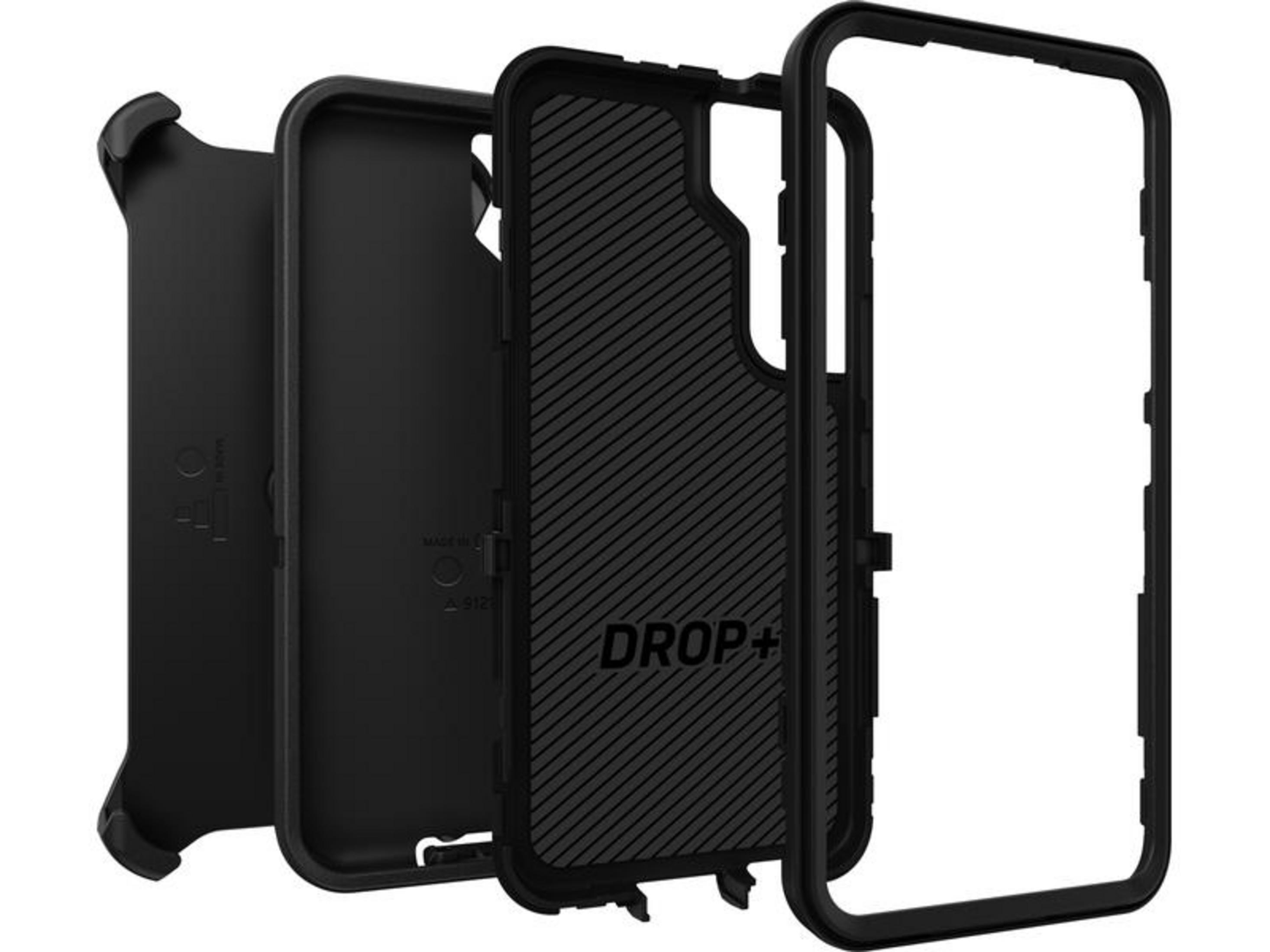 Schwarzes Handygehäuse mit Rillen und „DROP+“-Logo, auf weißem Hintergrund.