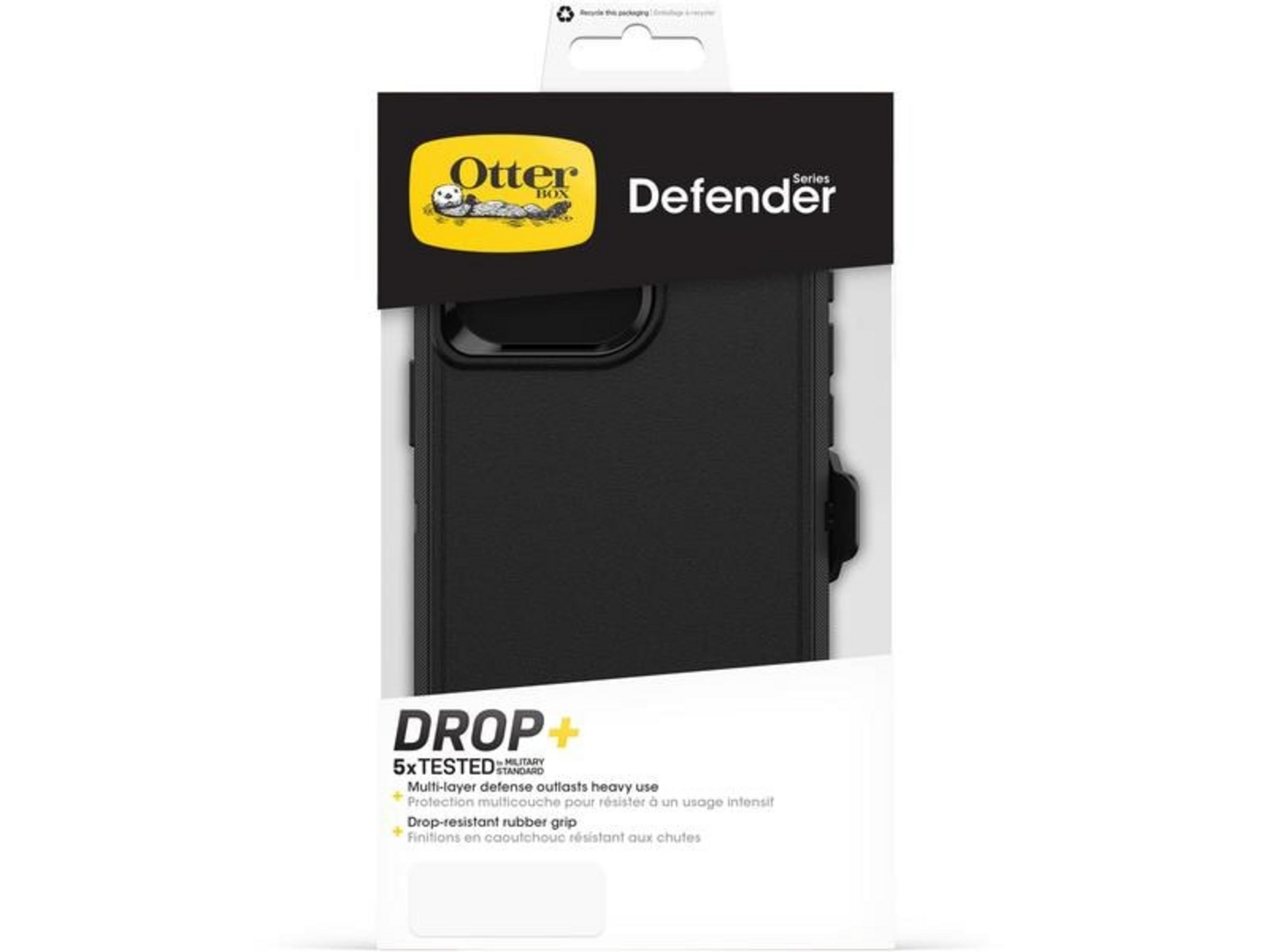 OtterBox Defender telefoonhoesje in zwart met logo.