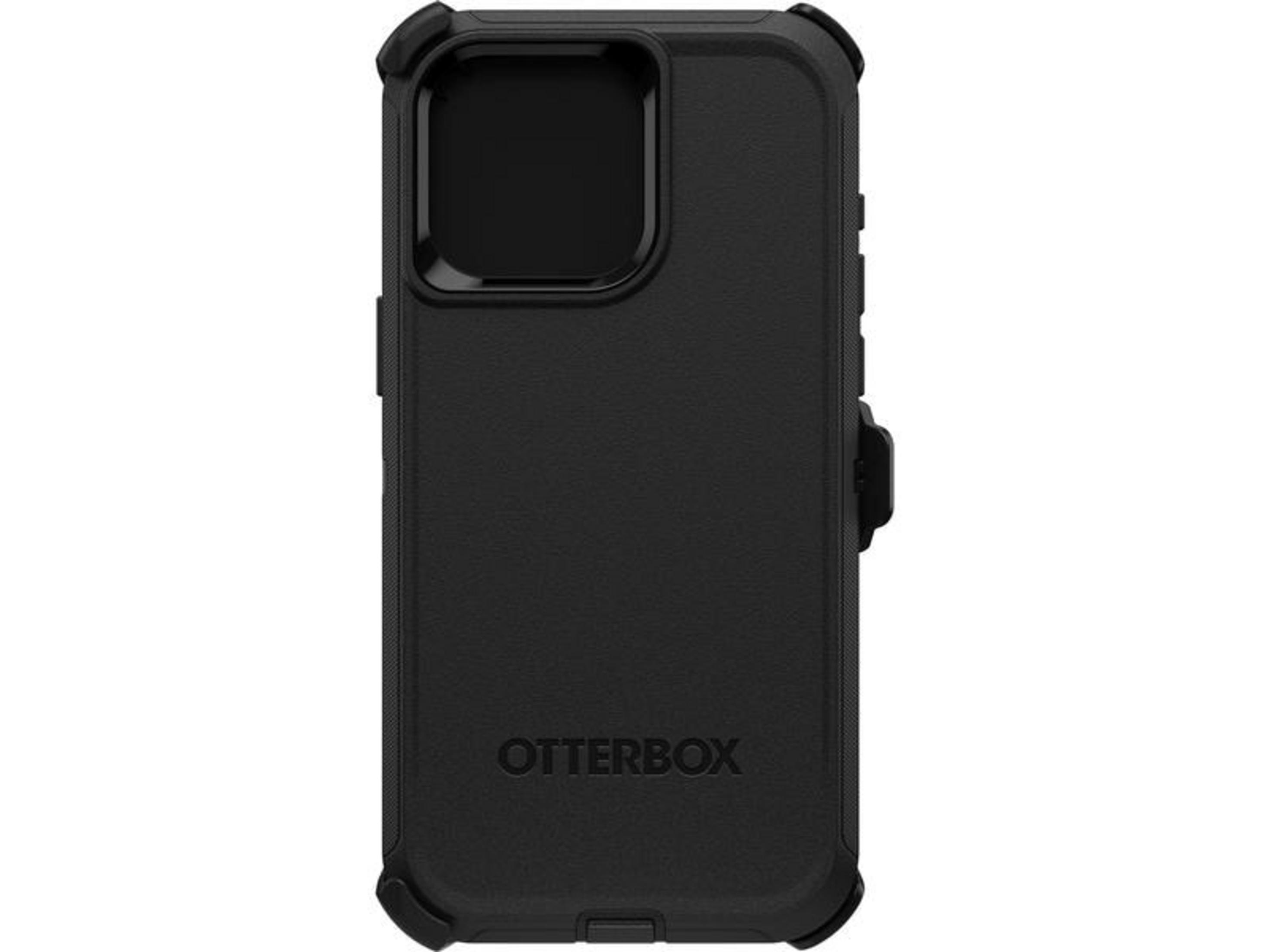 Zwarte Otterbox telefoonhoes met camera-uitsparing en textuur.